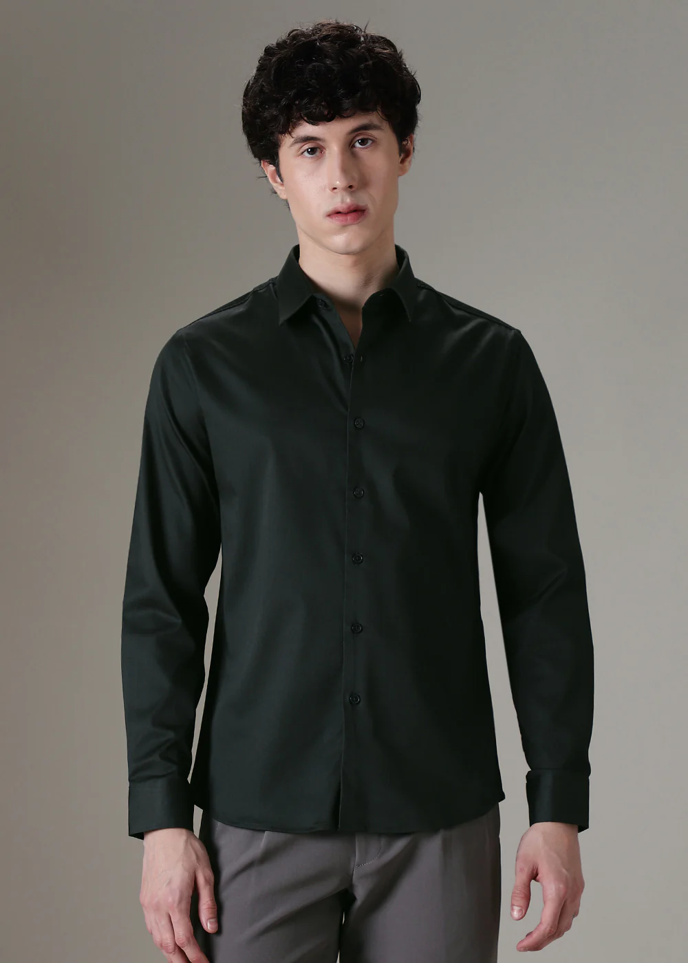Dark Green Plain Satin Shirt - Image 3