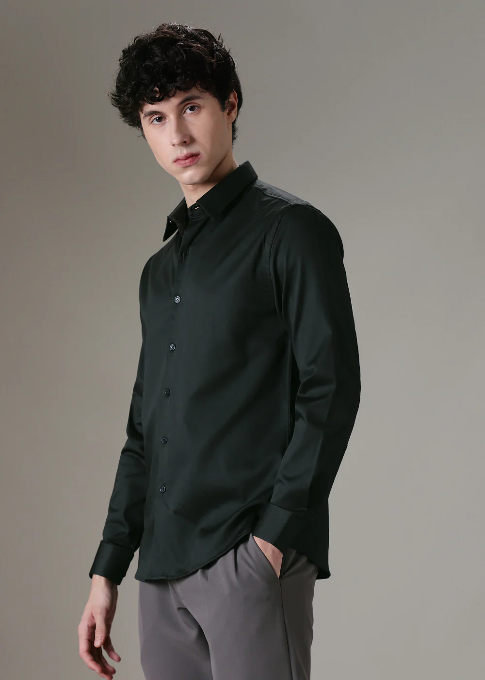 Dark Green Plain Satin Shirt - Image 5