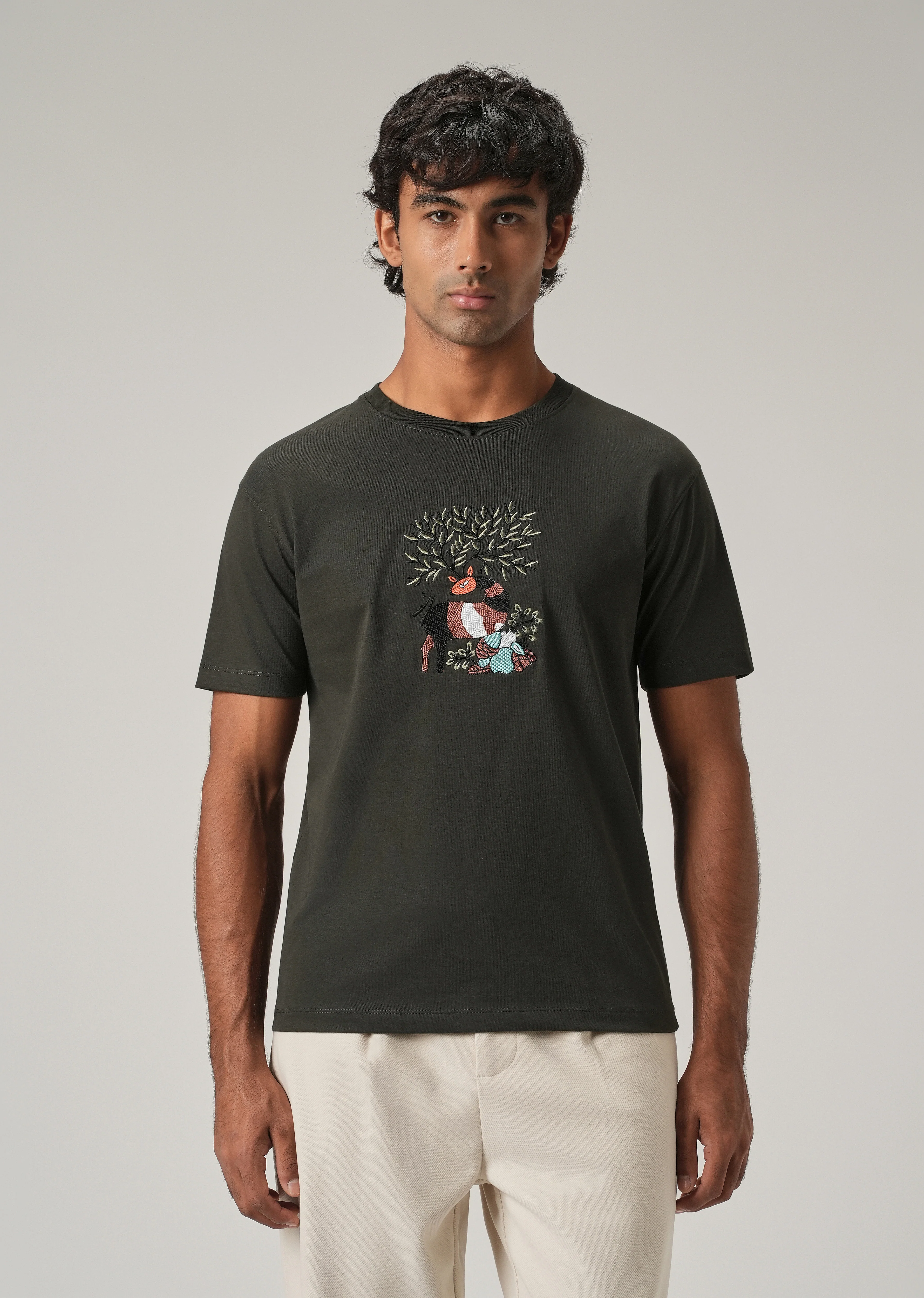 Dark Olive Chest Embroidered Slim Fit T-Shirt - Image 3