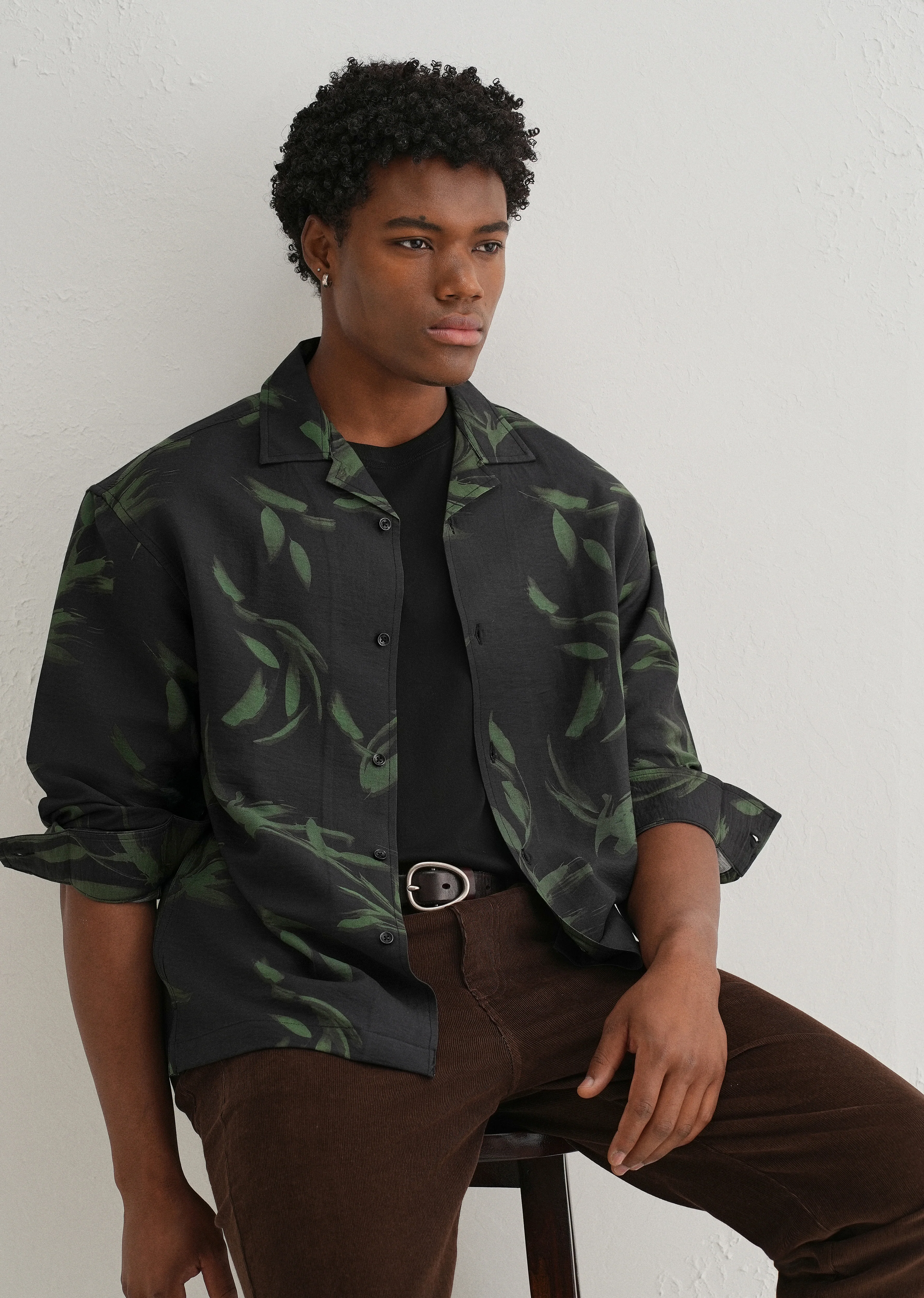 Dark Olive Leaf Printed Shirt