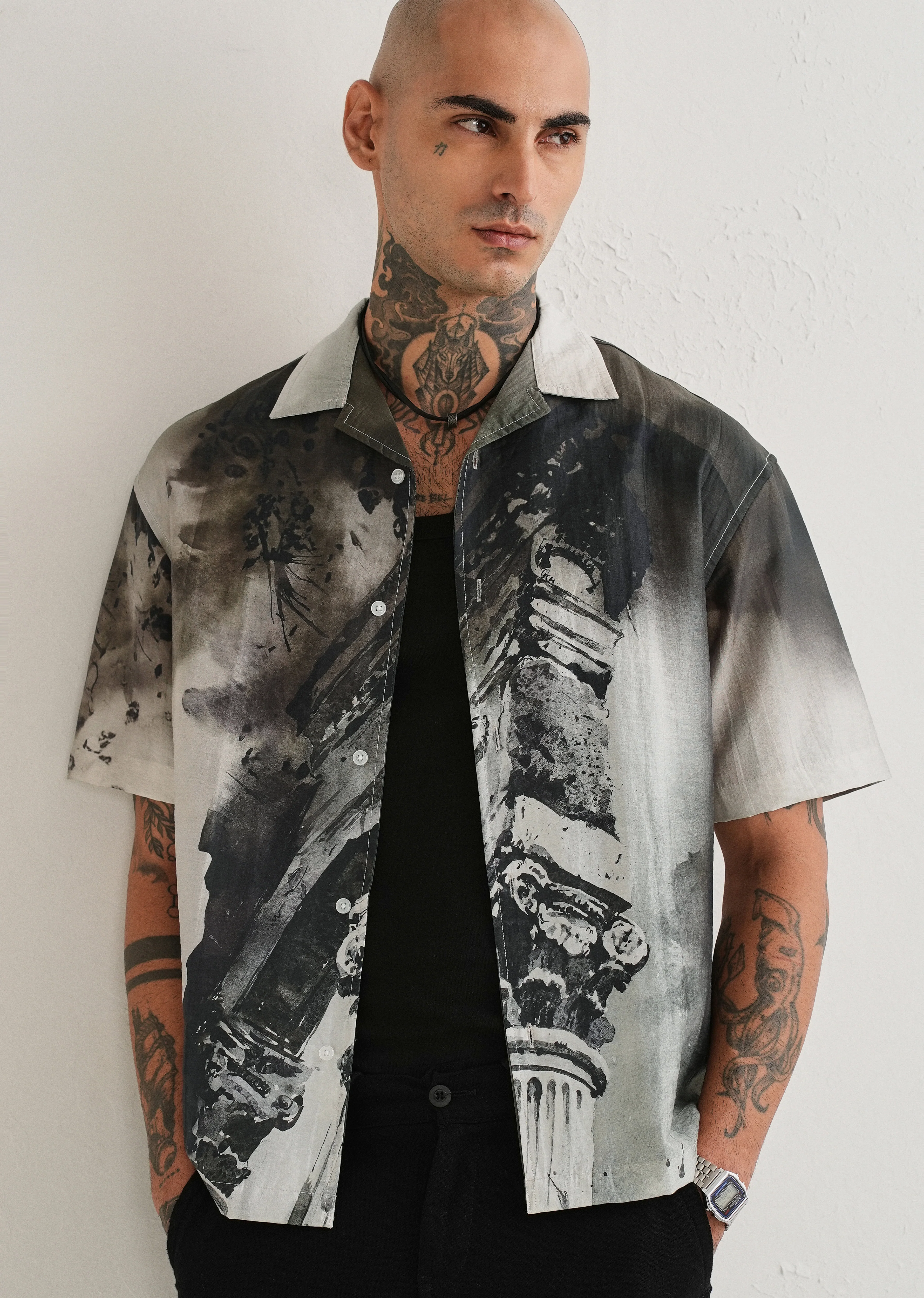 Dark Olive Wash Placement Print Shirt