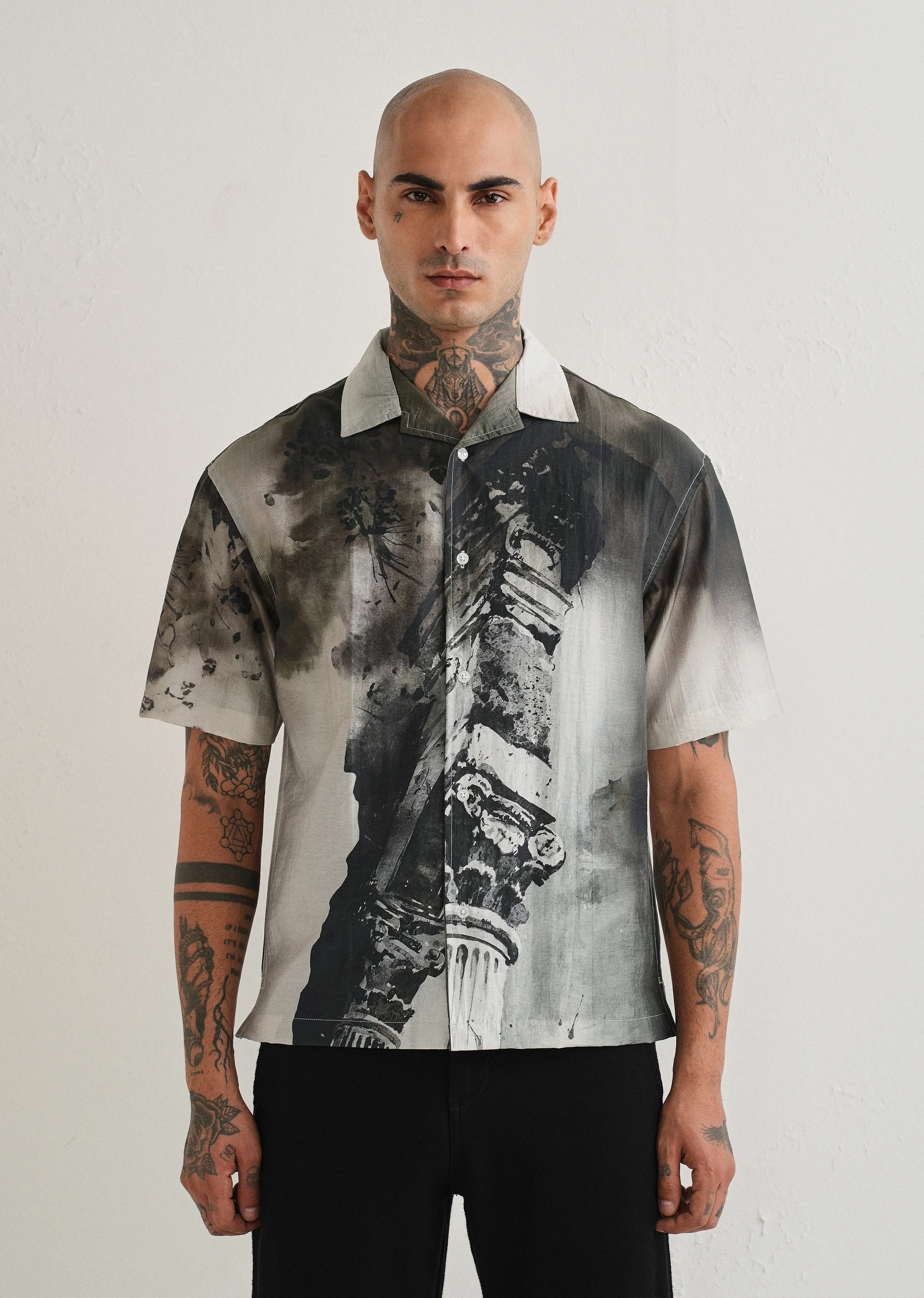 Dark Olive Wash Placement Print Shirt - Image 5