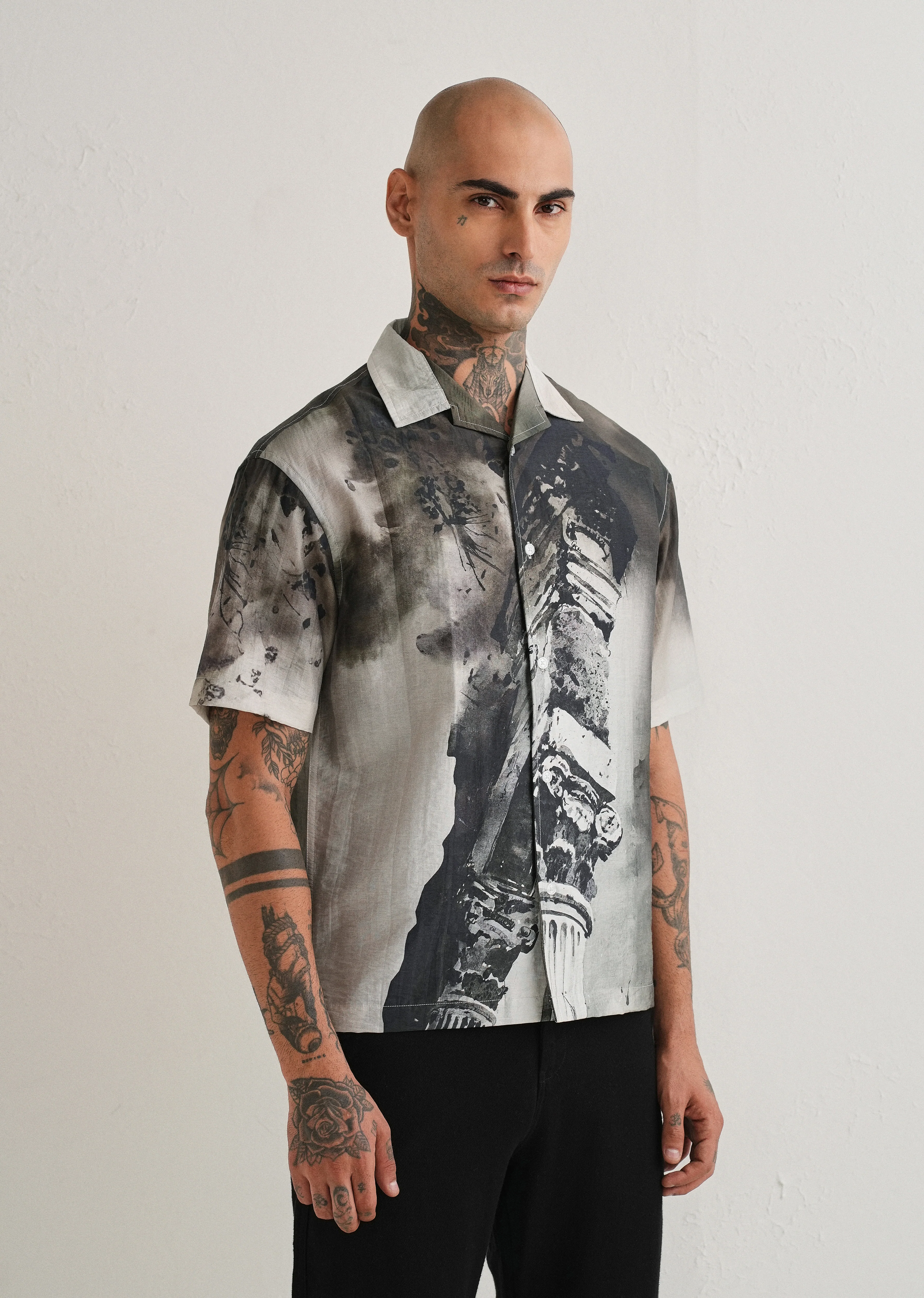 Dark Olive Wash Placement Print Shirt - Image 6