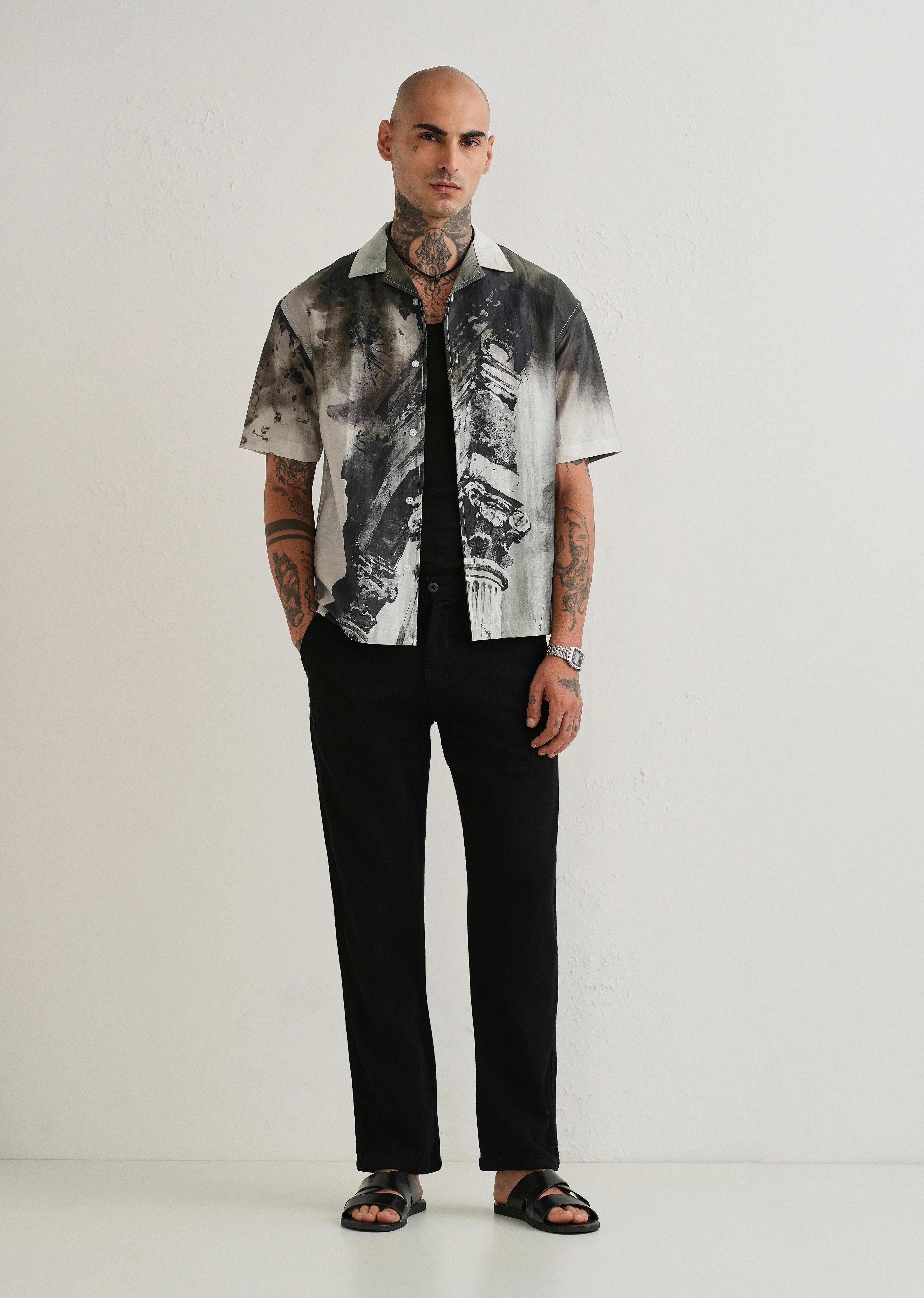 Dark Olive Wash Placement Print Shirt - Image 7