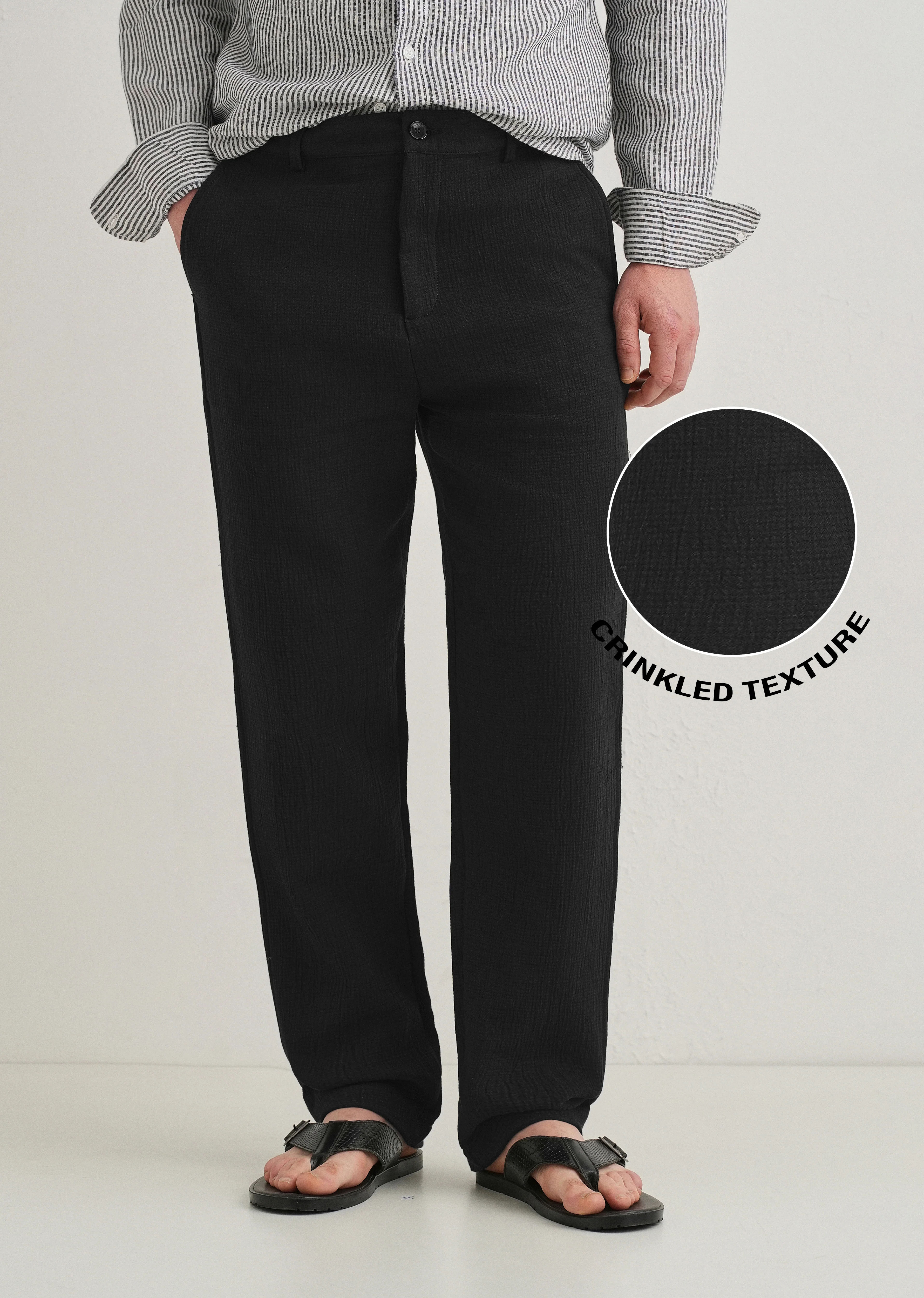 Deep Black Crinkled Cotton Trouser