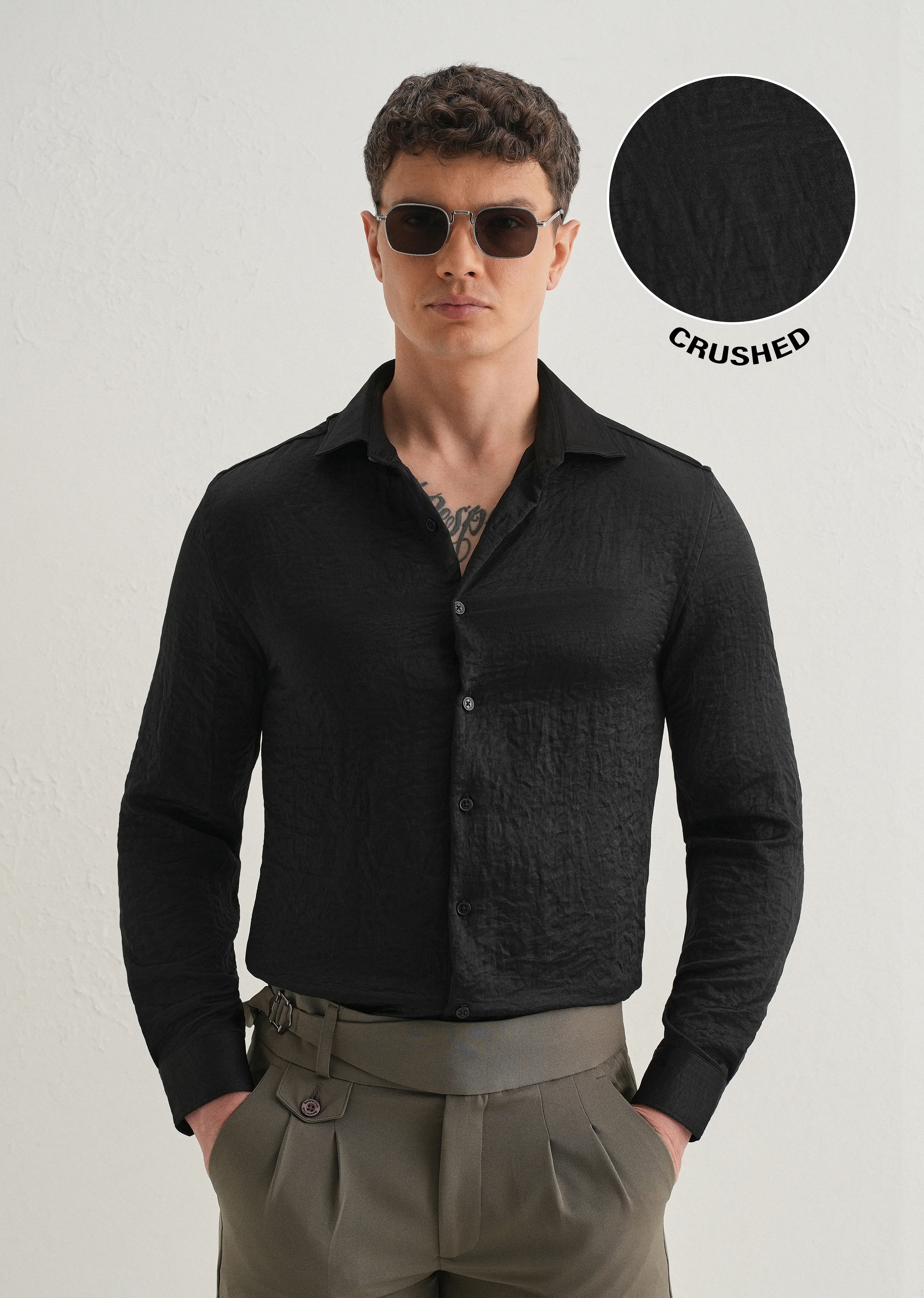 Deep Black Plain Crushed Satin Shirt