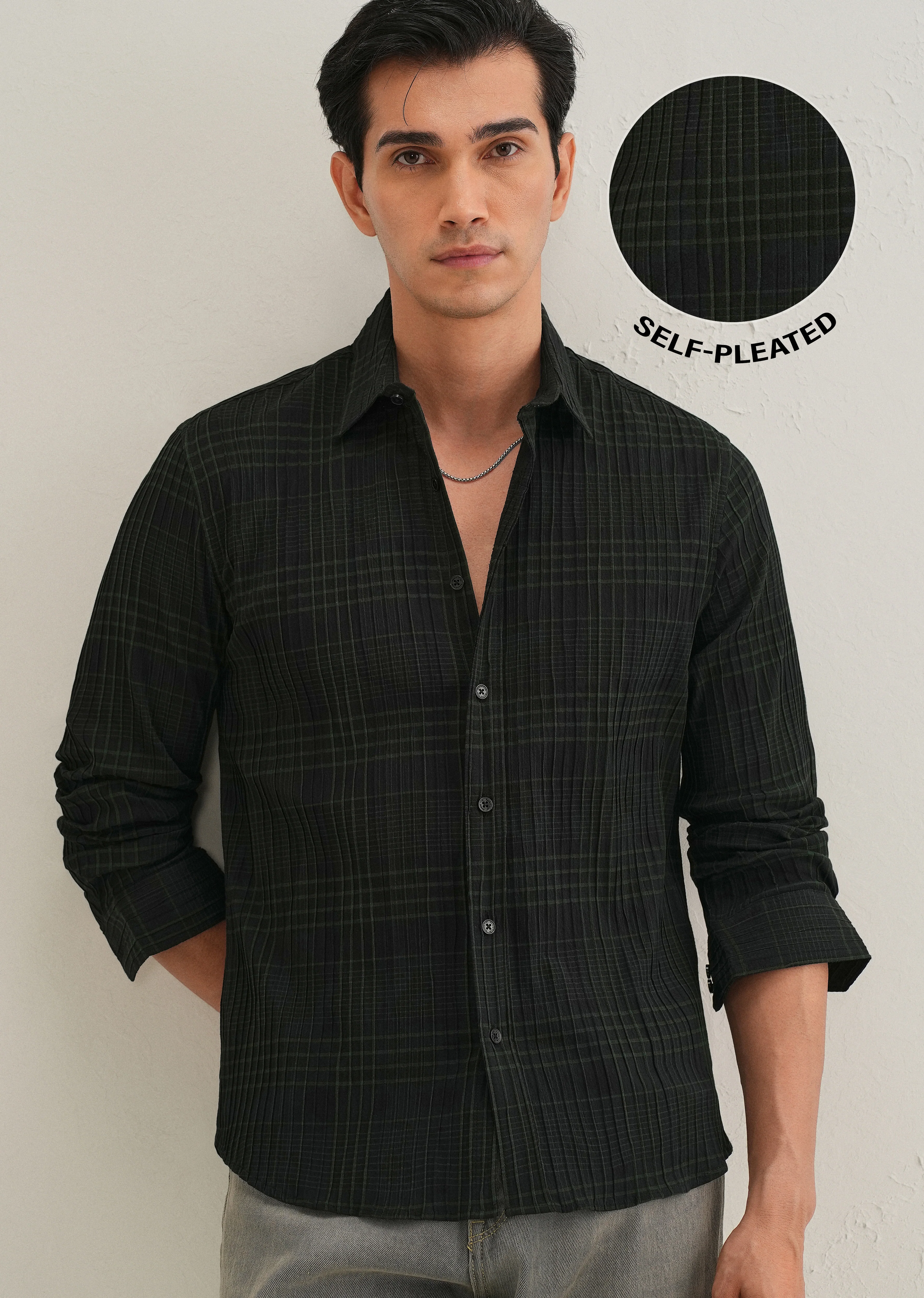 Deep Black Self-Pleated Check Shirt