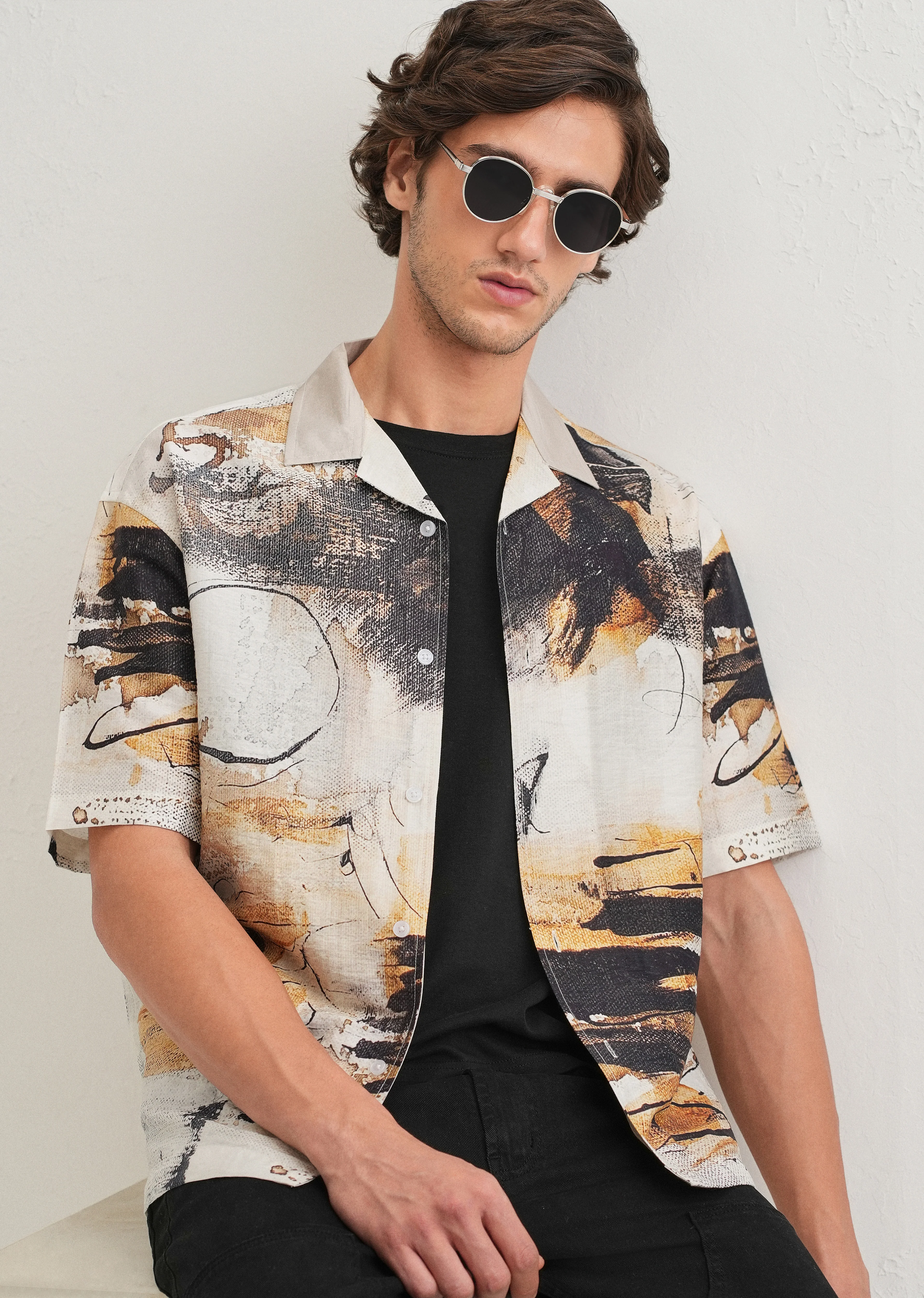 Ecru Brushstroke Placement Print Shirt