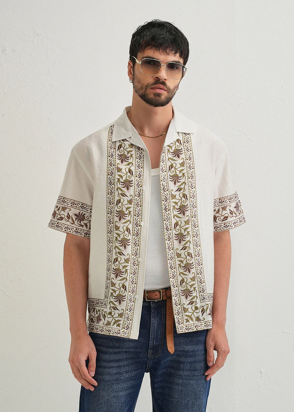 Ecru Floral Panel Printed Shirt