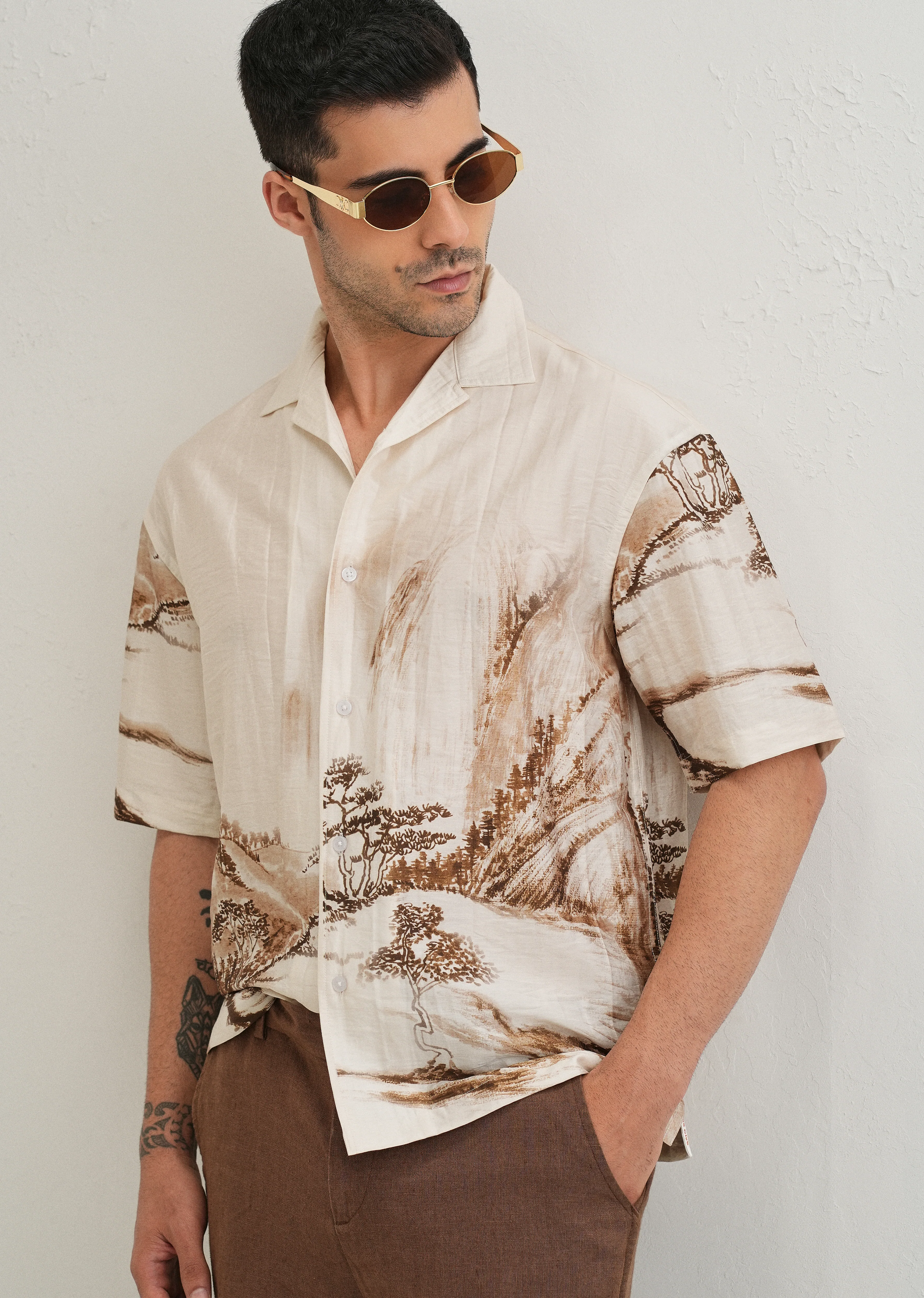 Ecru Ink Wash Placement Print Shirt