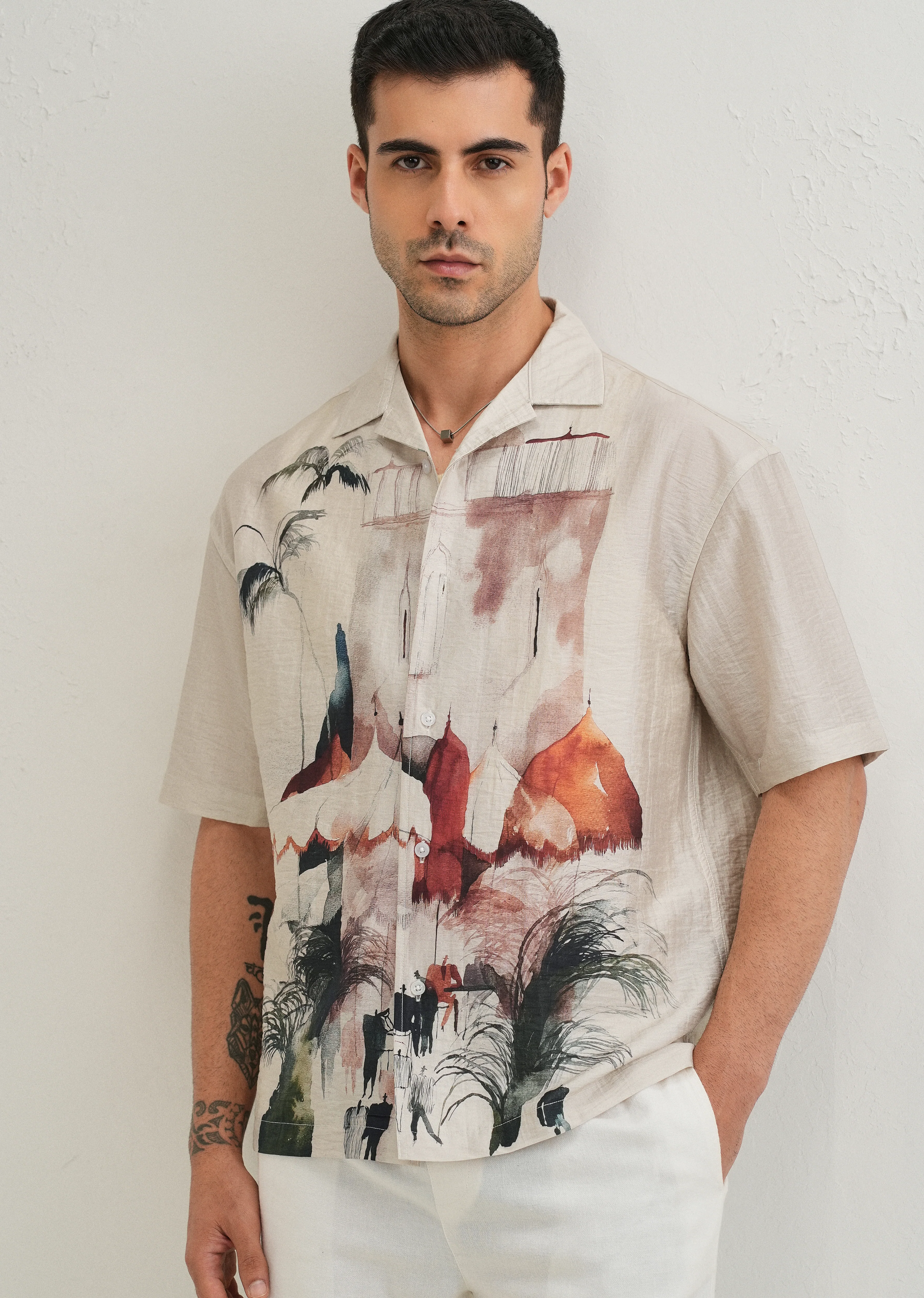 Ecru Wash Placement Print Shirt