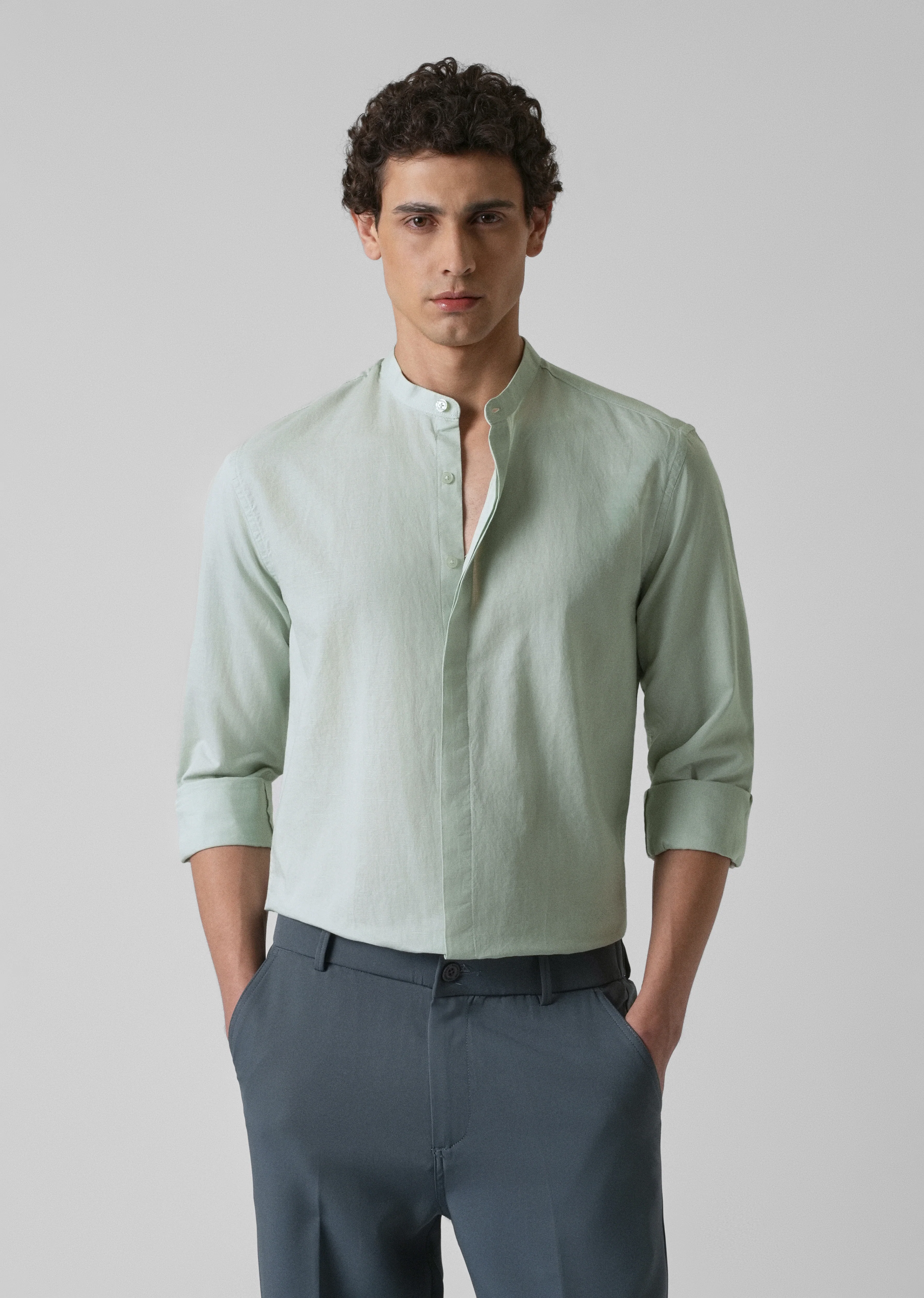 French Mist Green Cotton Linen Shirt