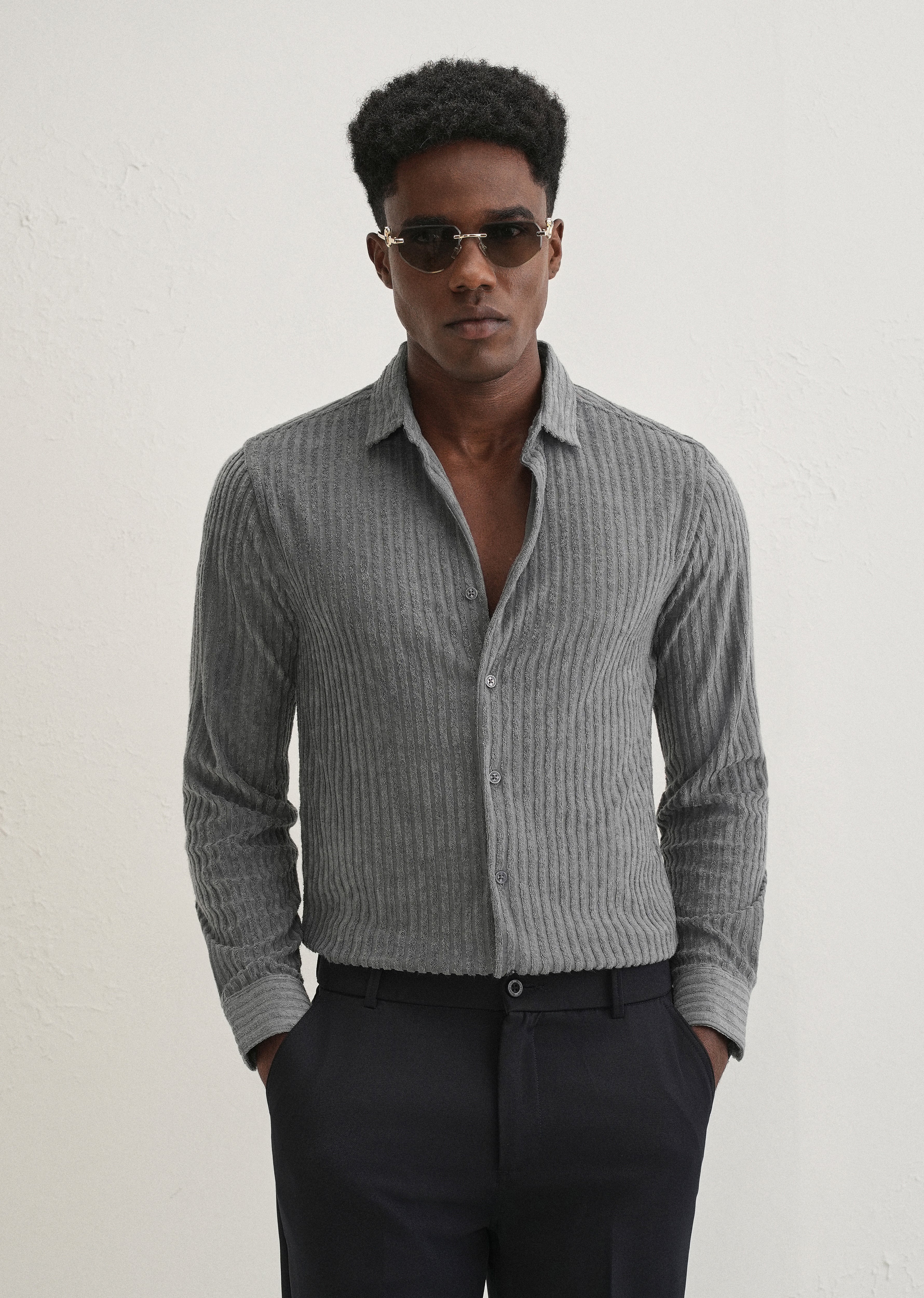 Grey Plain Corduroy Stripe Shirt