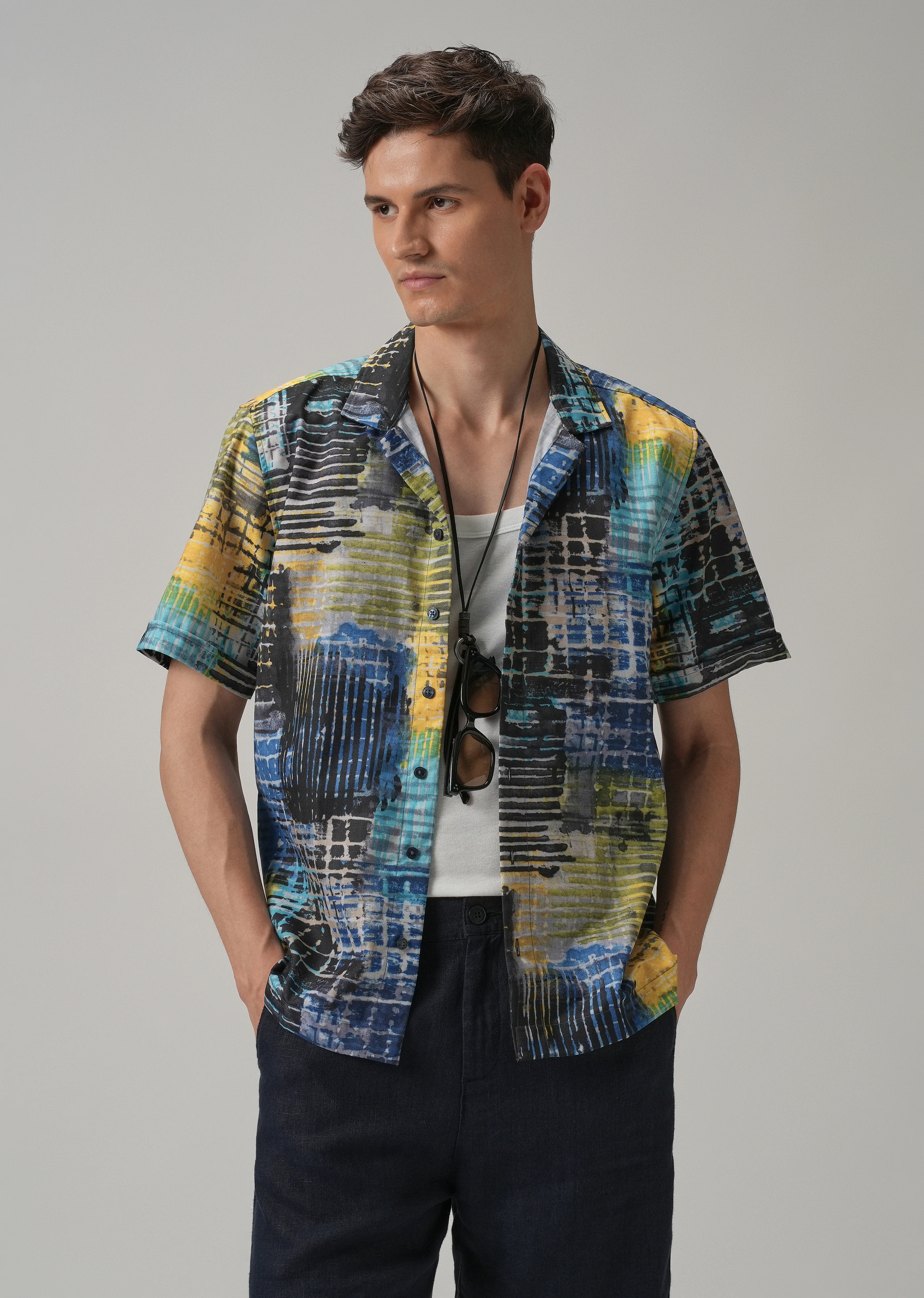 Grid Brush Stroke Half Sleeve Shirt
