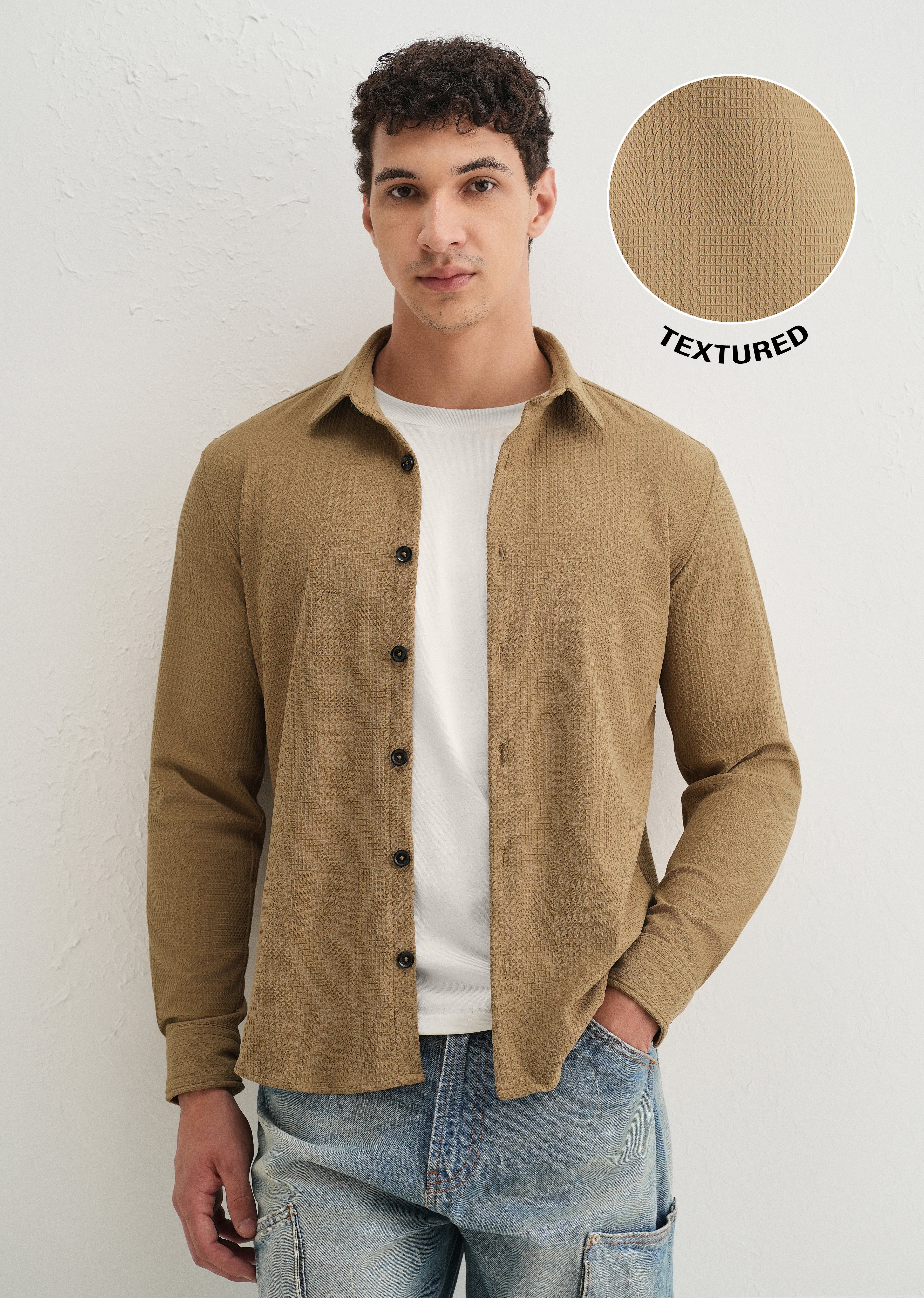 Khaki Grid Textured Knit Shirt