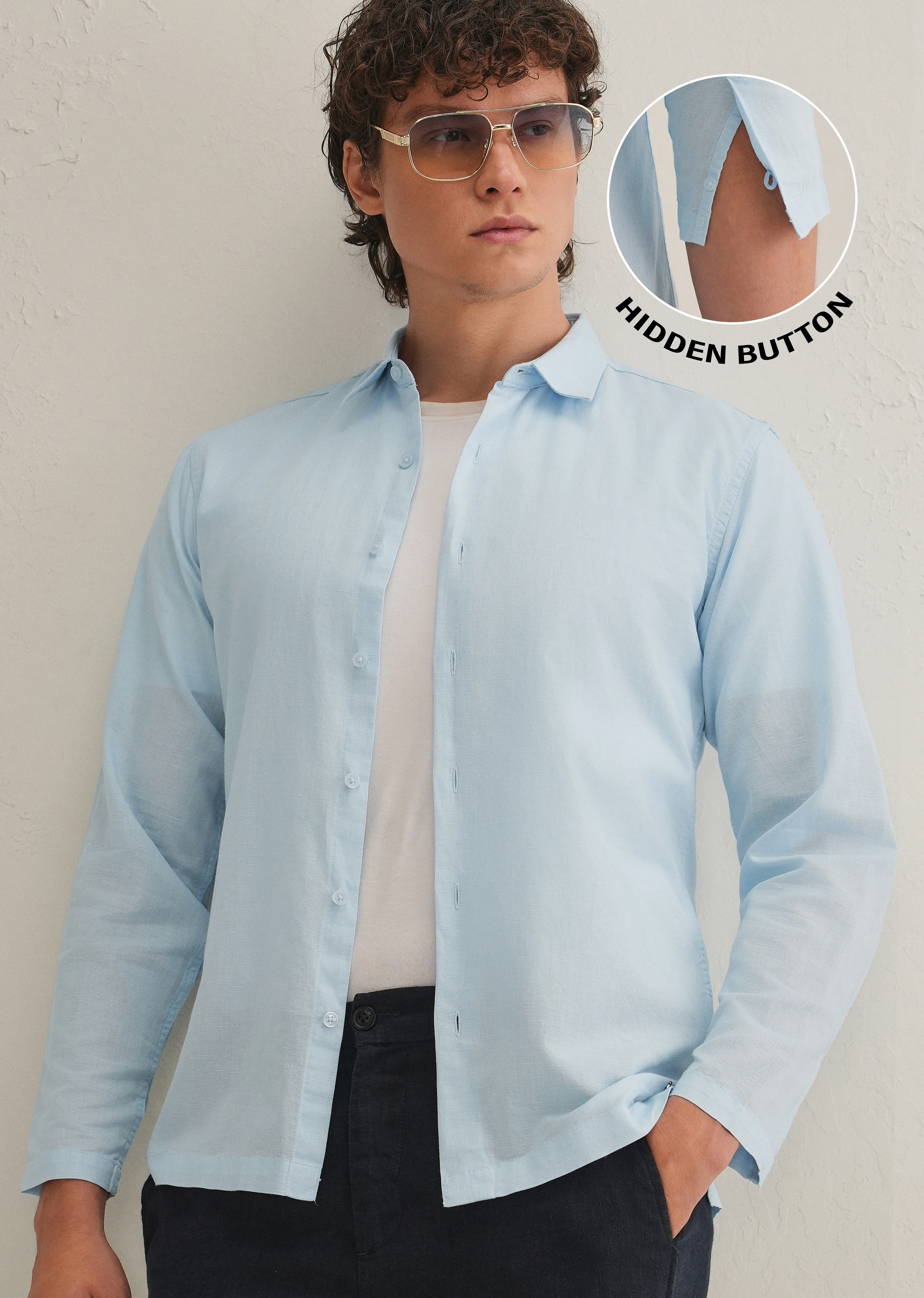 Light Blue Hidden Sleeve Placket Cotton Linen Shirt