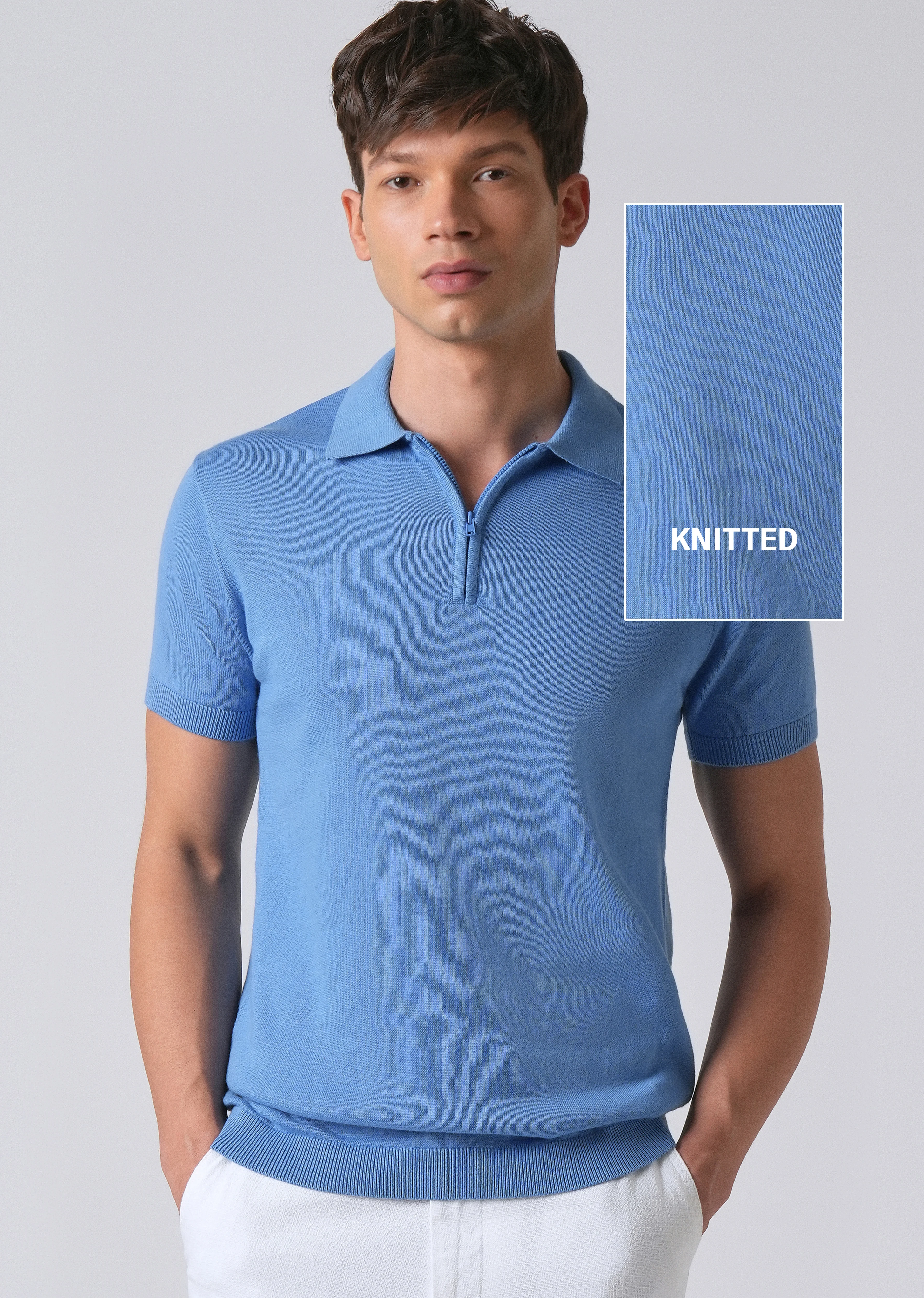 Light Blue Knitted Polo Zipper T-shirt - Image 8