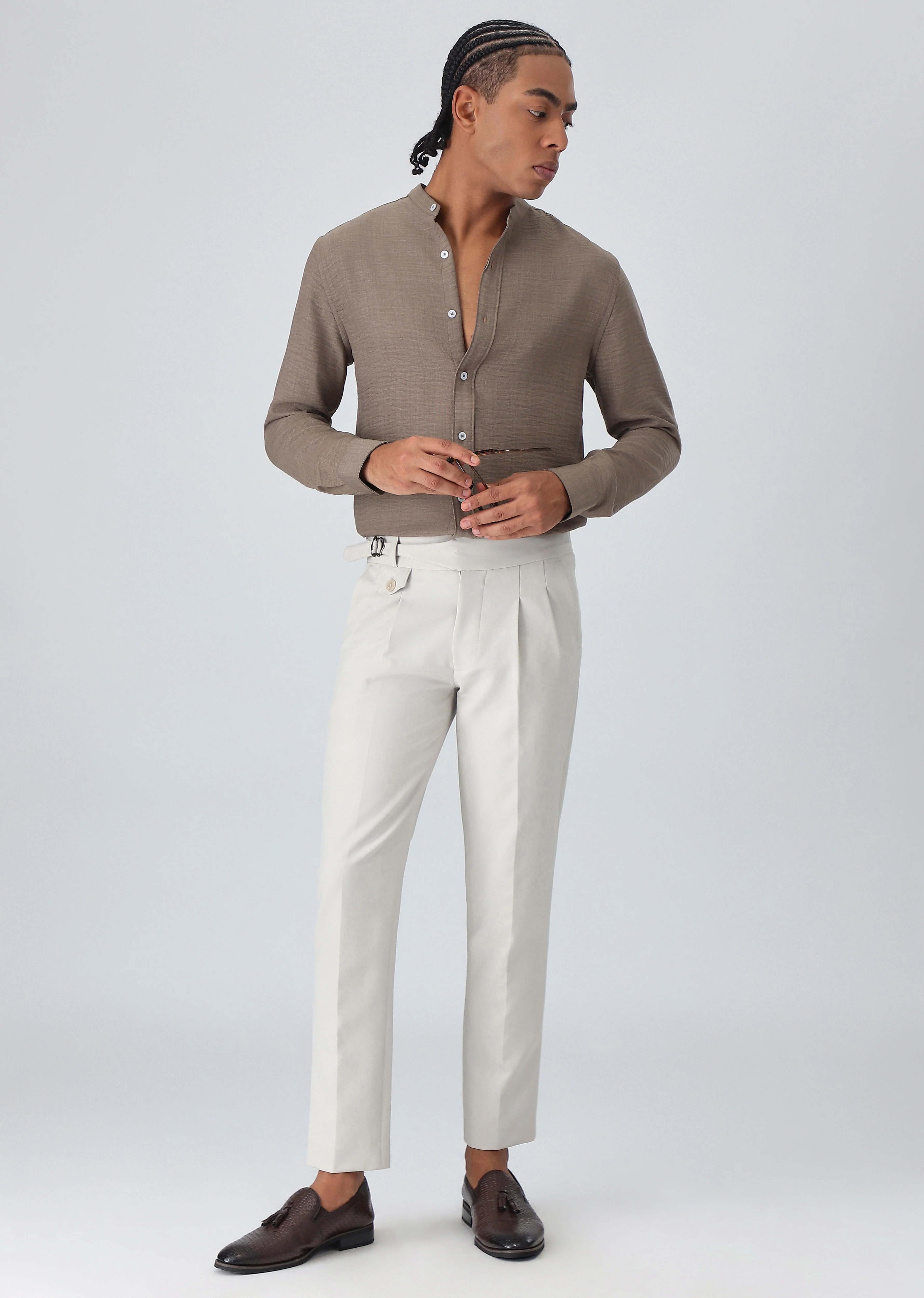 Light Brown Plain Mandarin Collar Shirt - Image 6