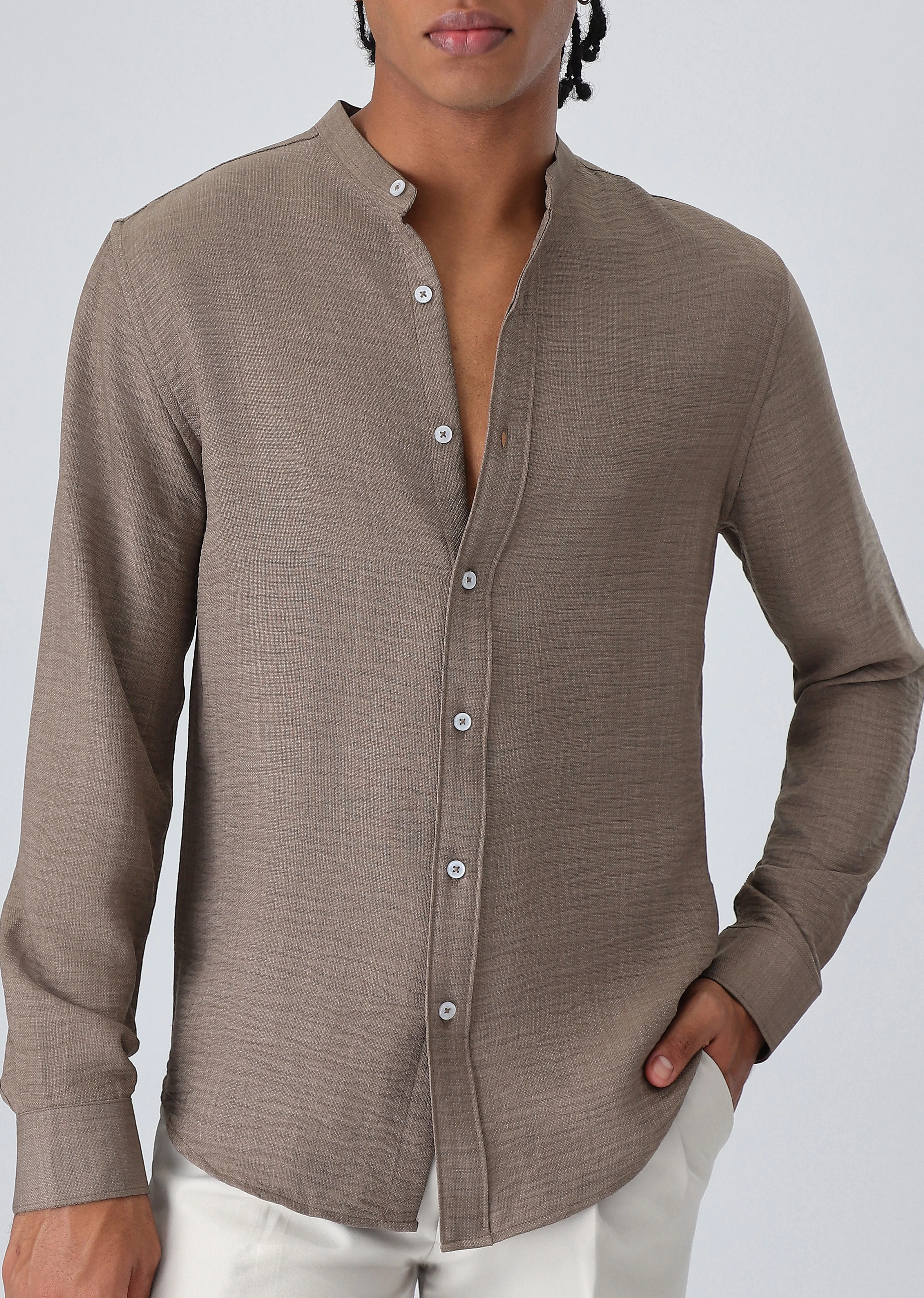 Light Brown Plain Mandarin Collar Shirt - Image 7