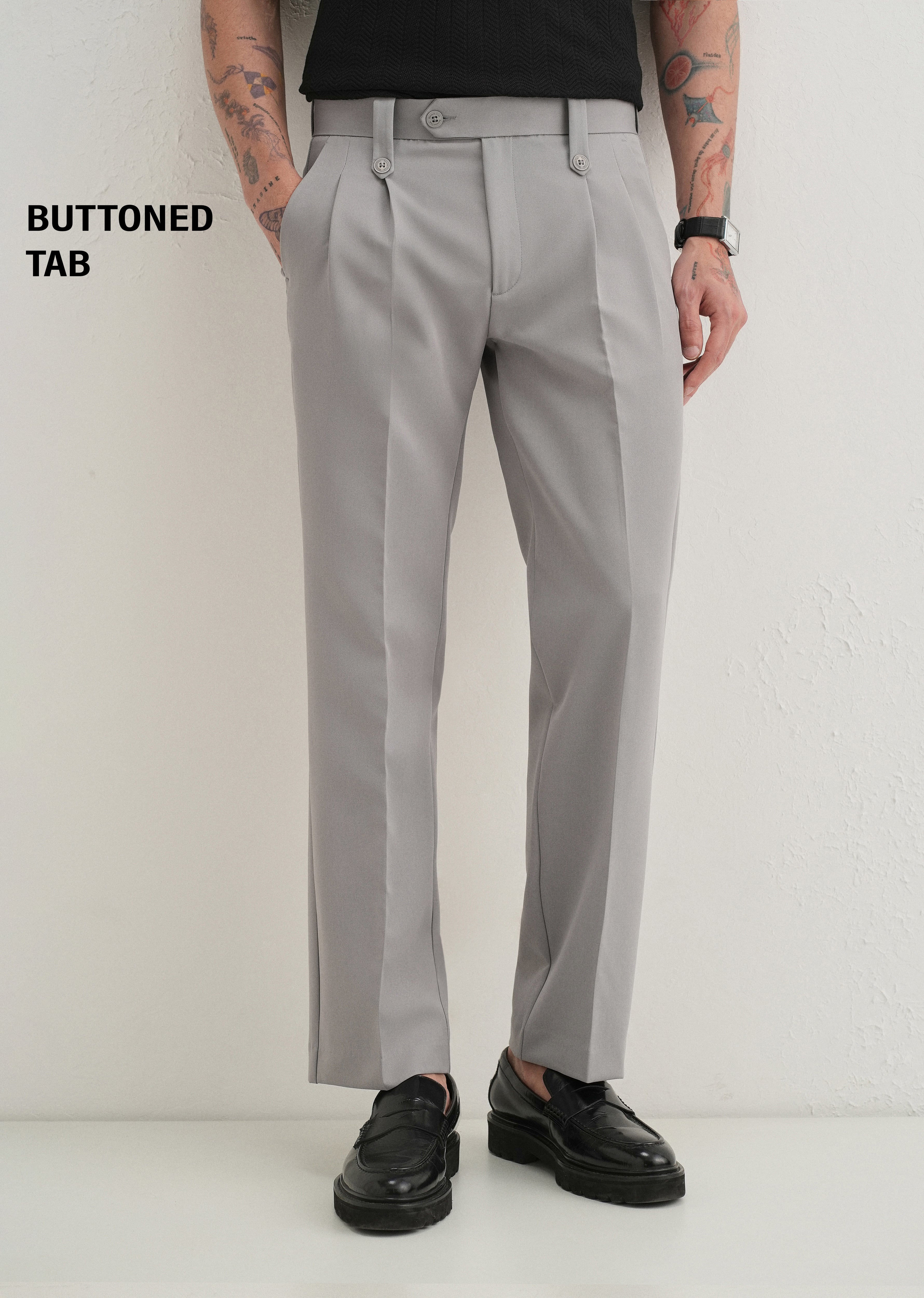 Light Grey Button-Tab Pleat Trouser