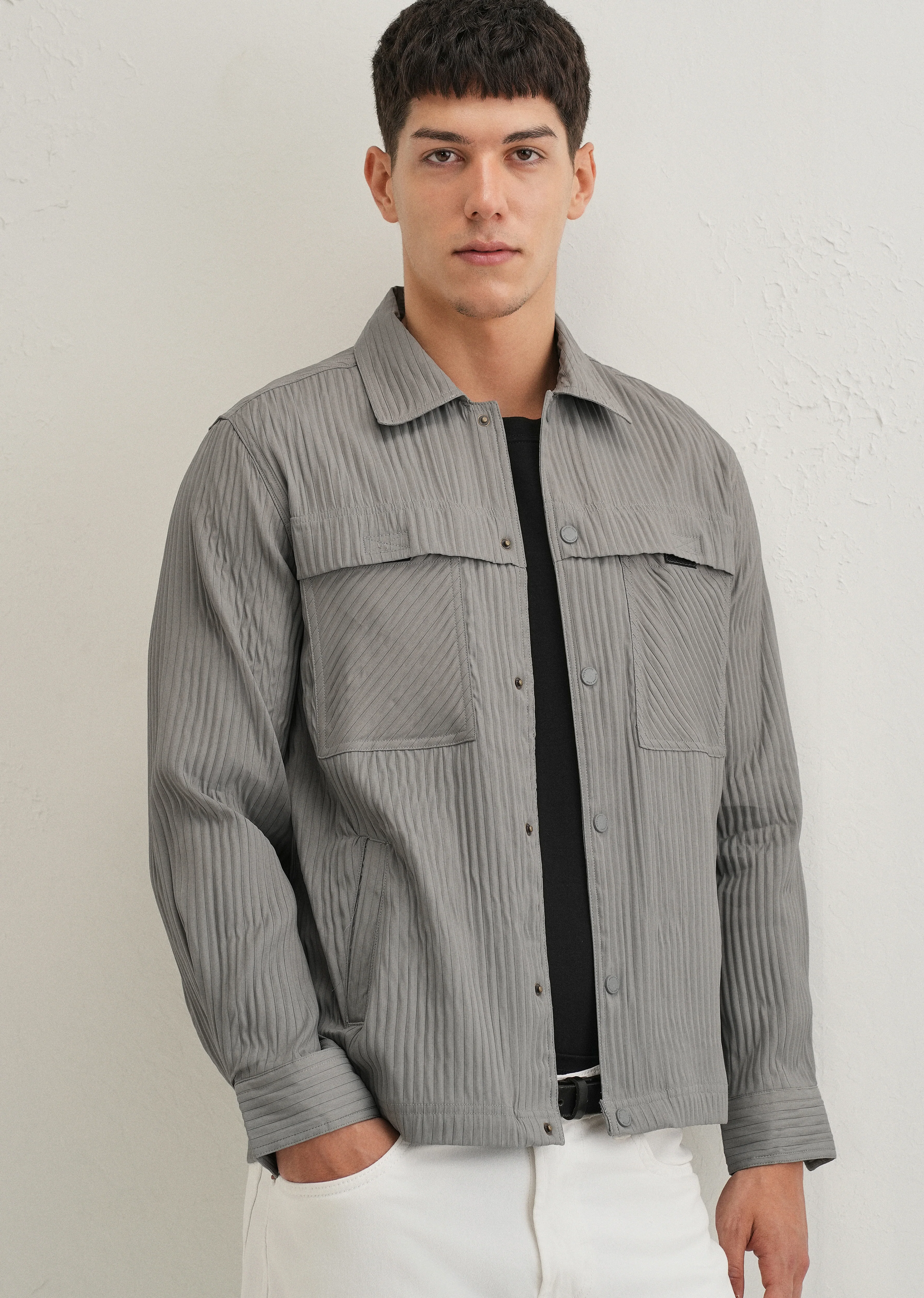 Light Grey Textured Utility Shacket
