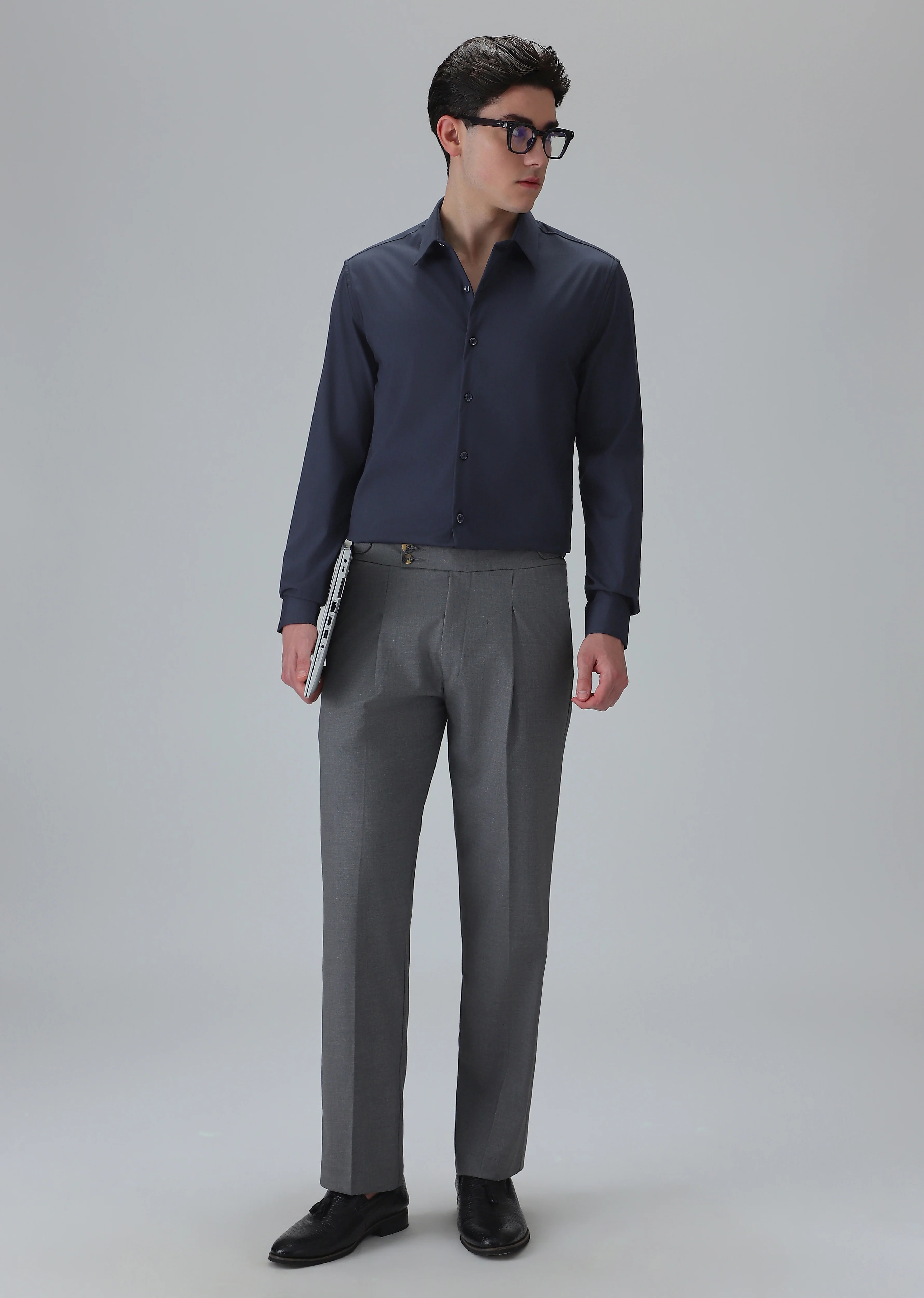 Melange Dark Blue Plain Wrinkle Free Shirt - Image 6