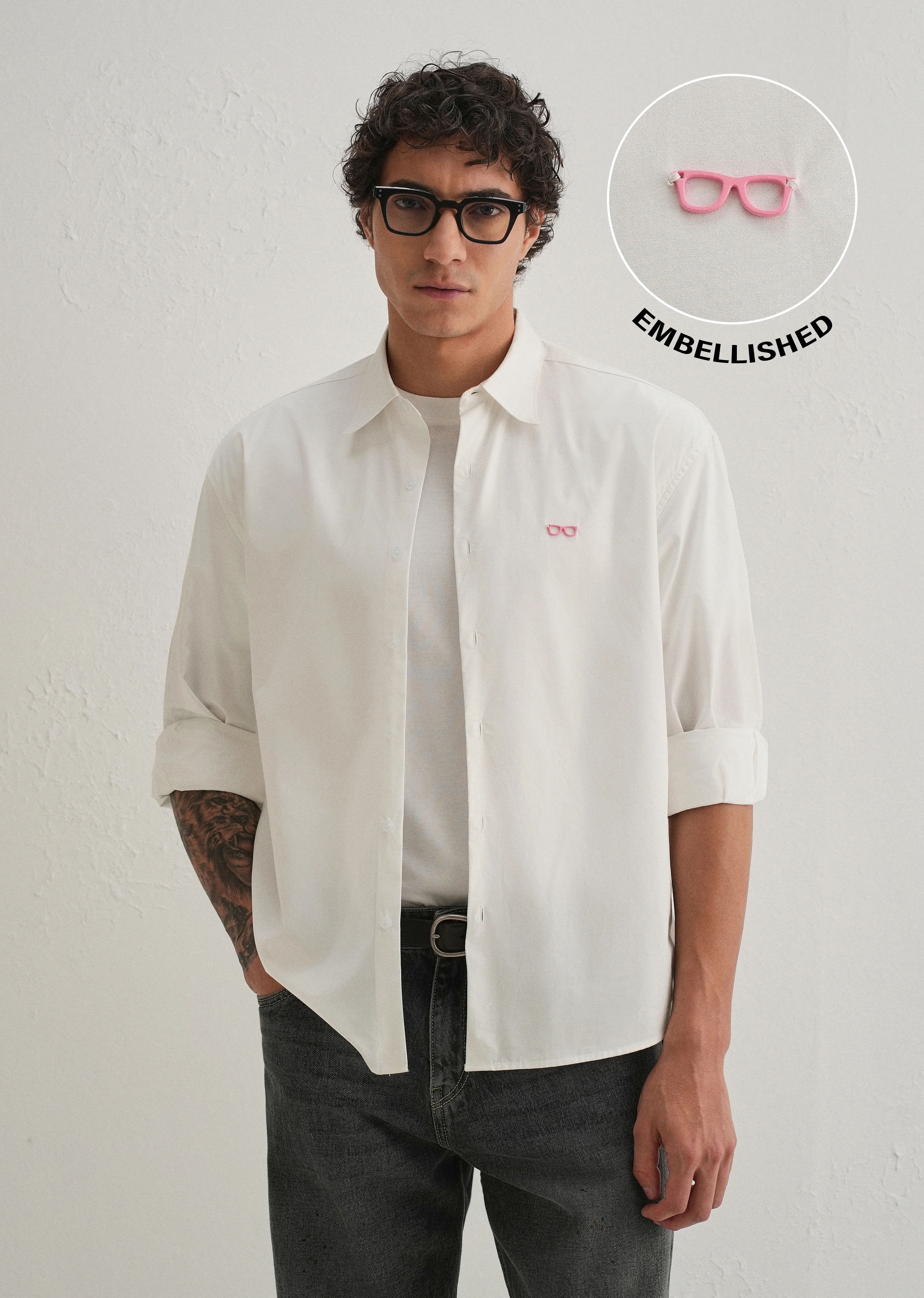 Mini Frame Accent White Cotton Shirt