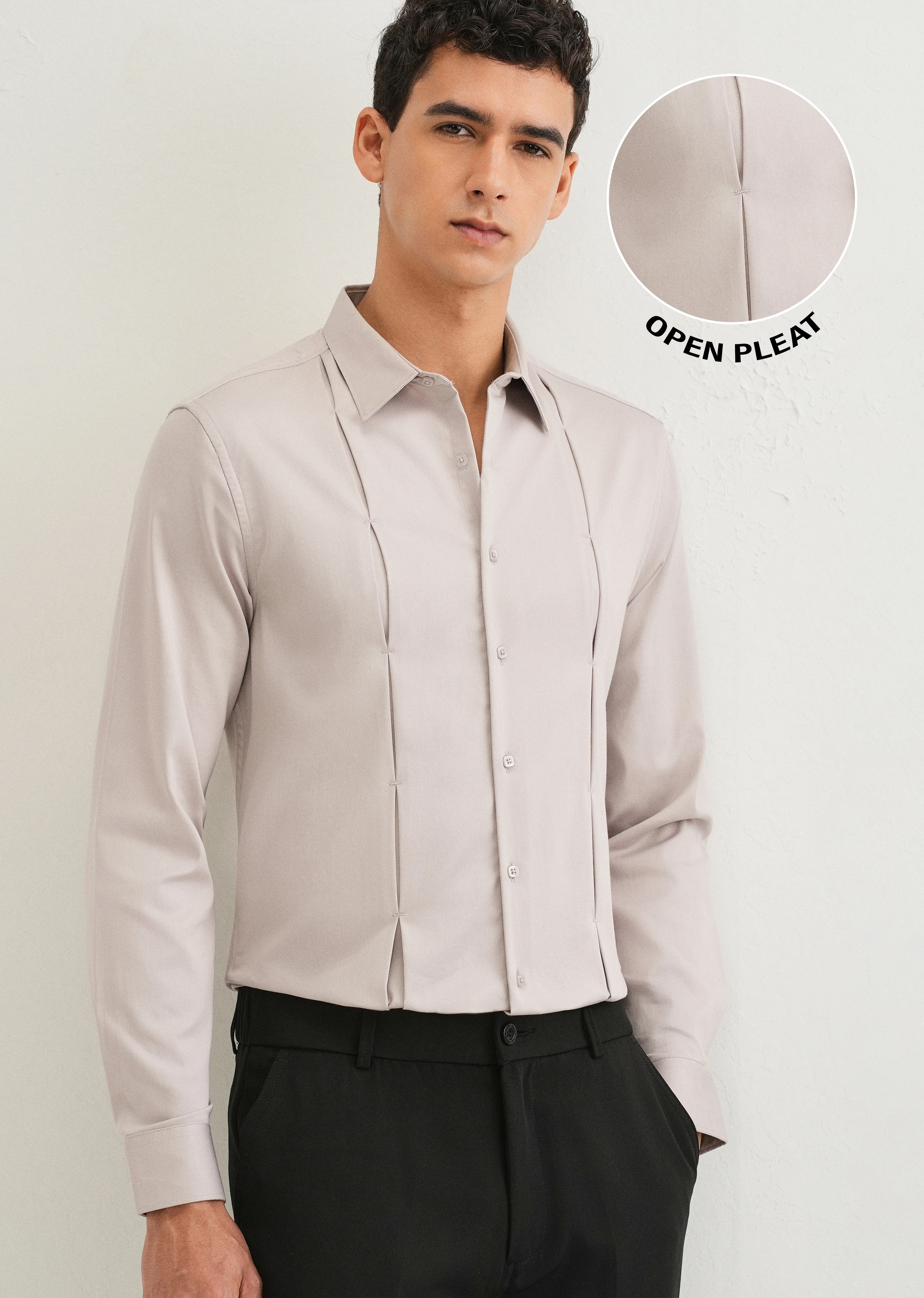 Mink Gray Front Panel Open Pleat Shirt
