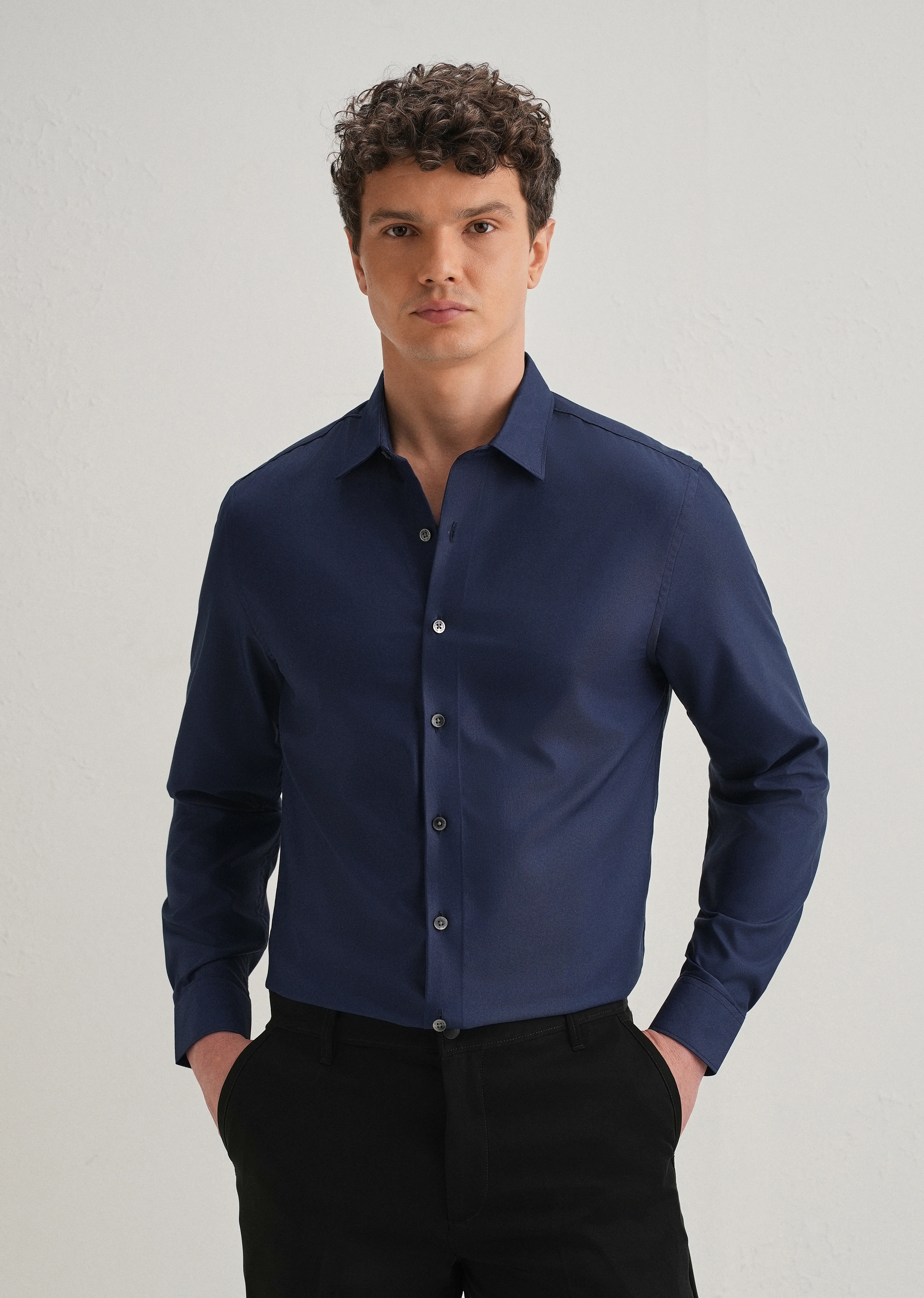 Navy Blue Stitchless Placket Premium Wrinkle-Free Shirt