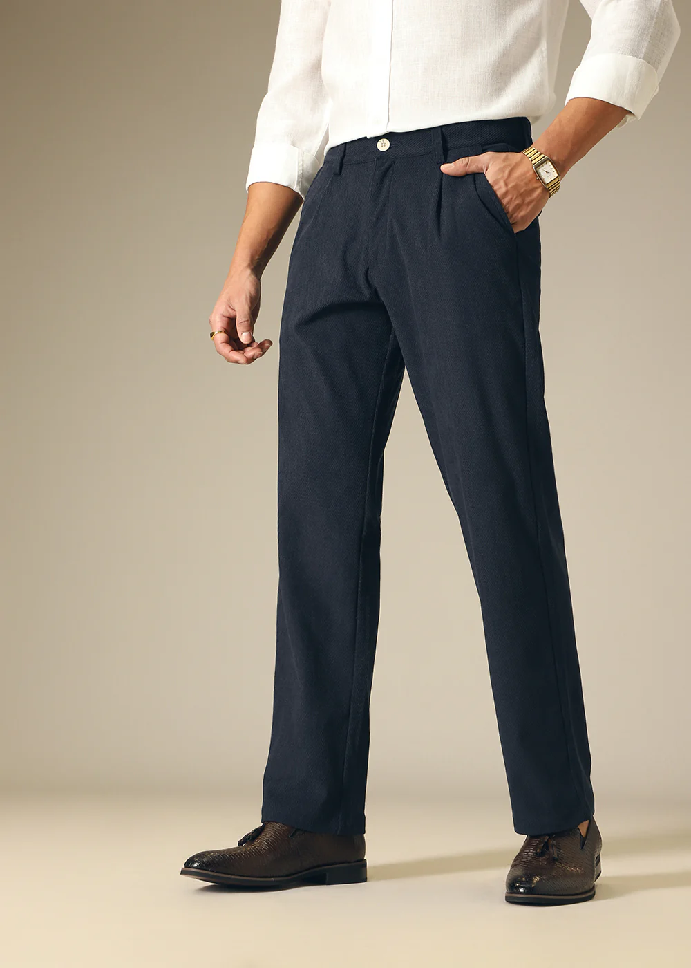 Navy Blue Textured Corduroy Pant - Image 5