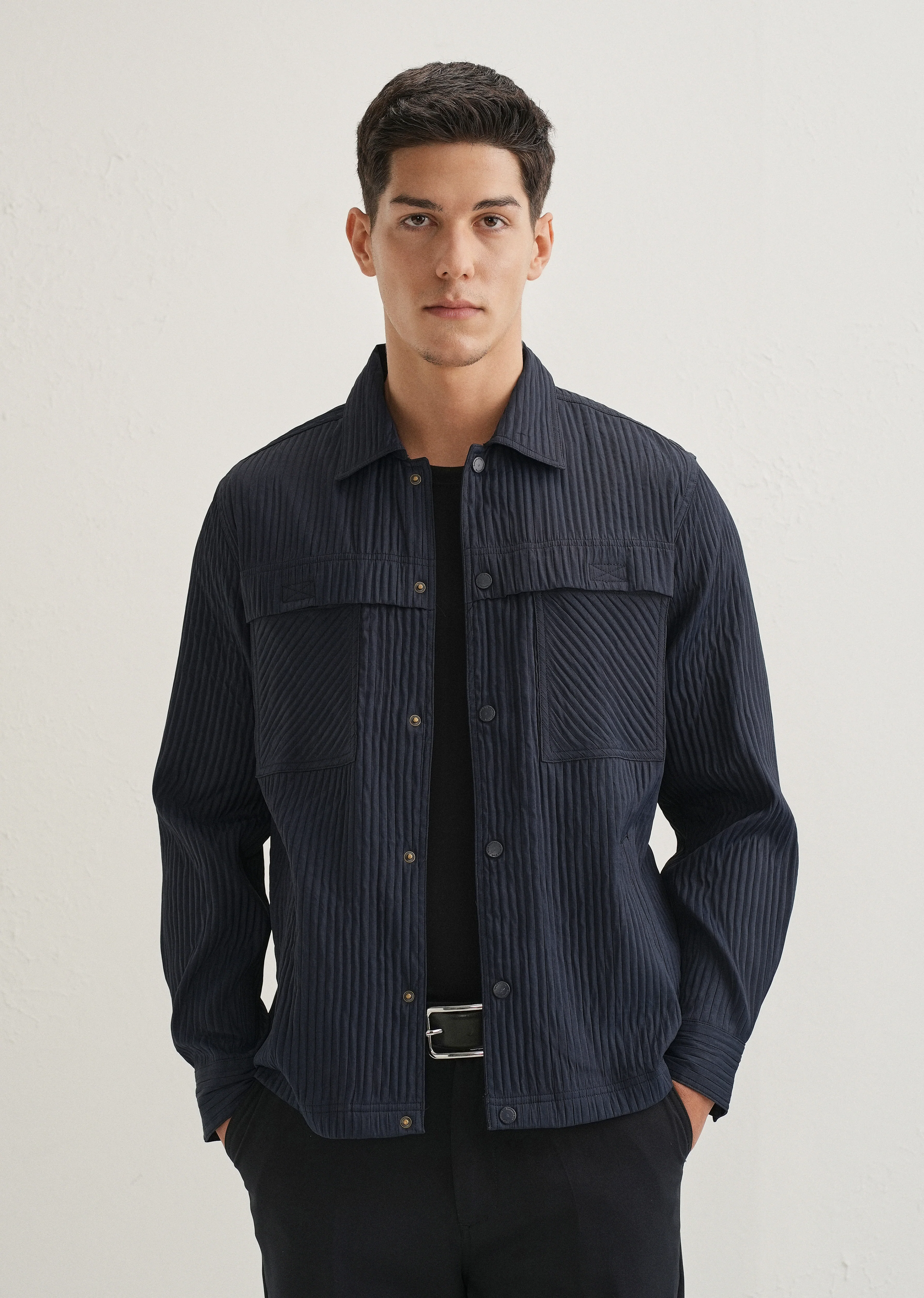 Navy Blue Textured Utility Shacket