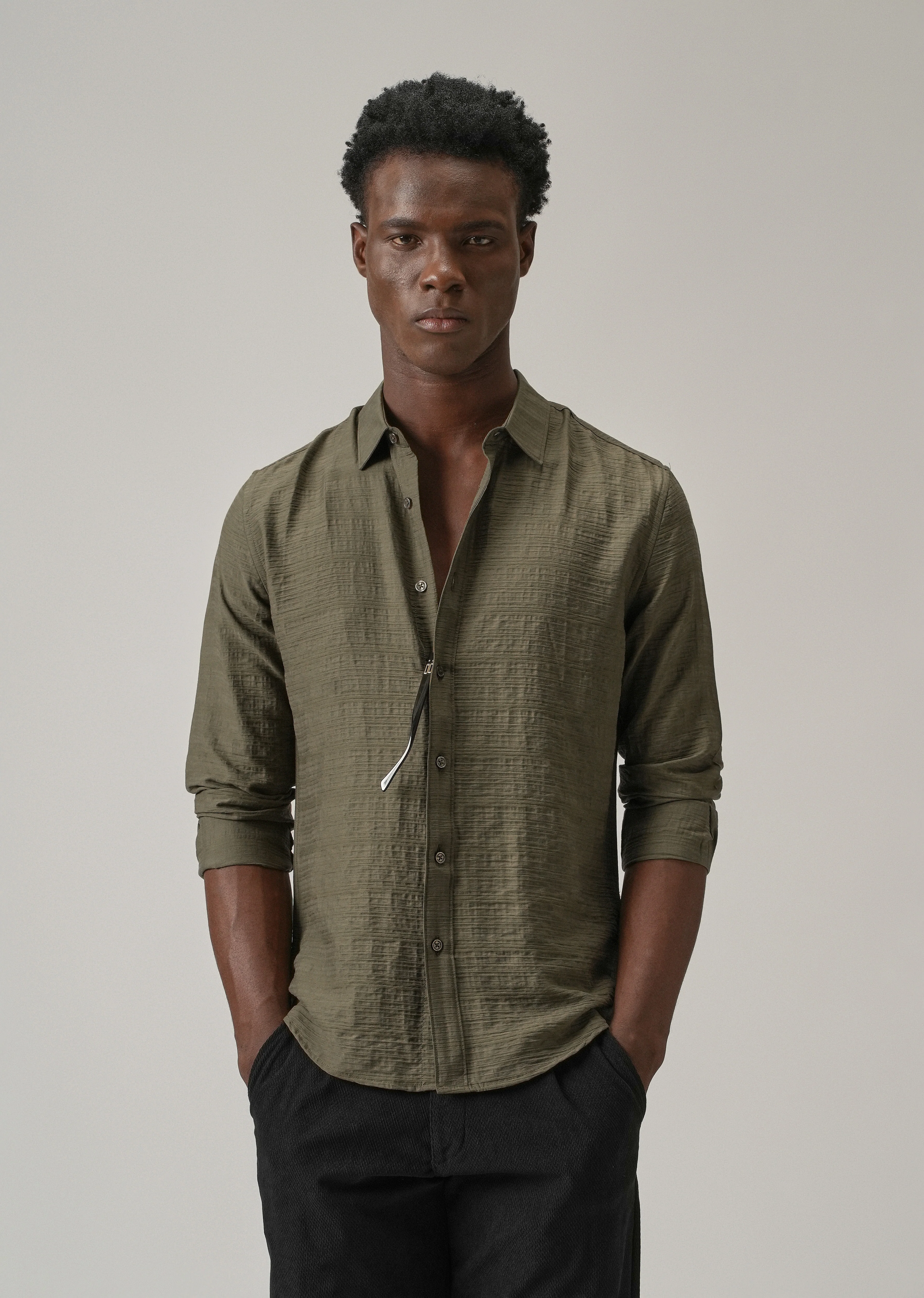 Olive Crushed Self Stripe Shirt