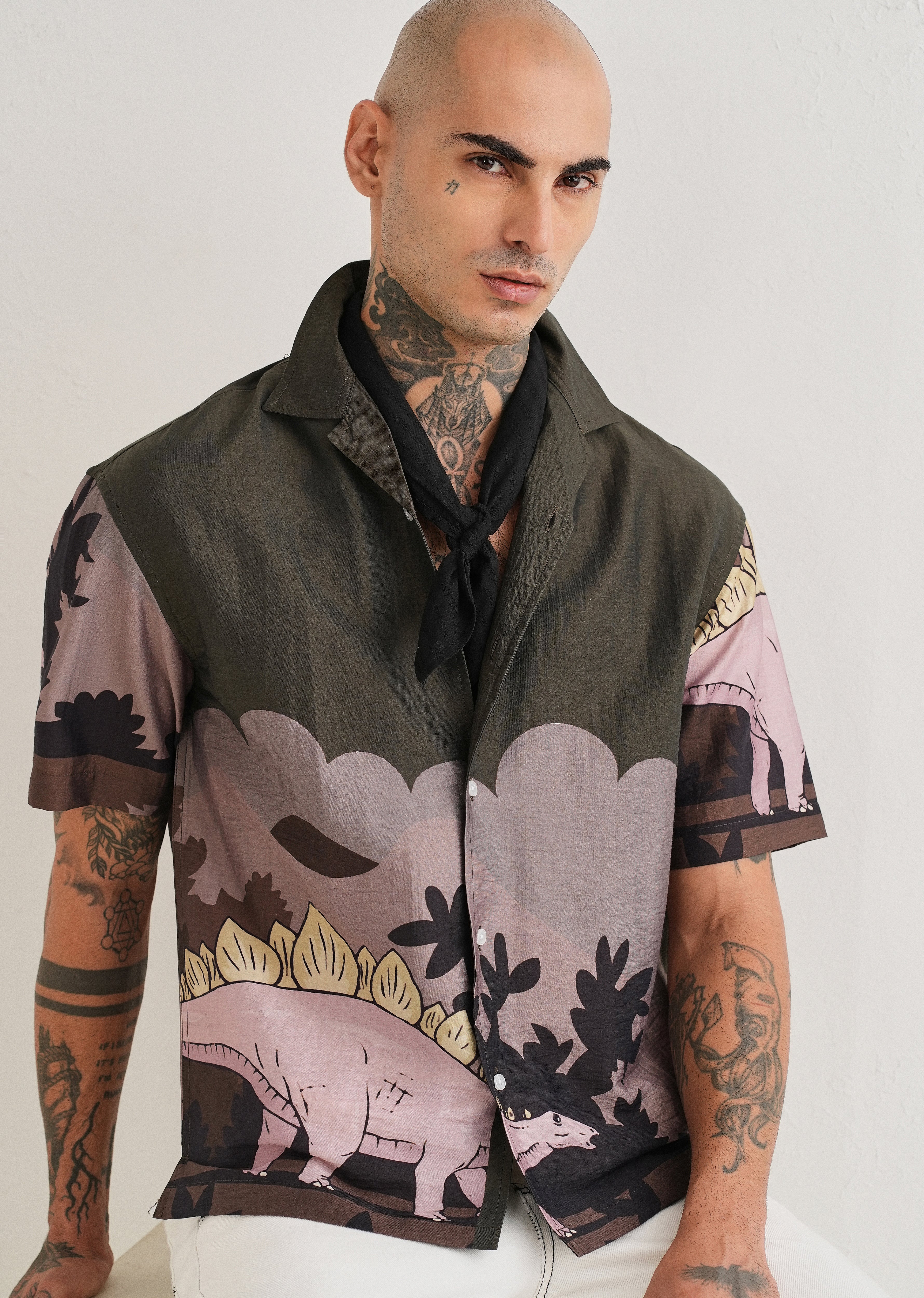 Olive Dino Placement Print Shirt