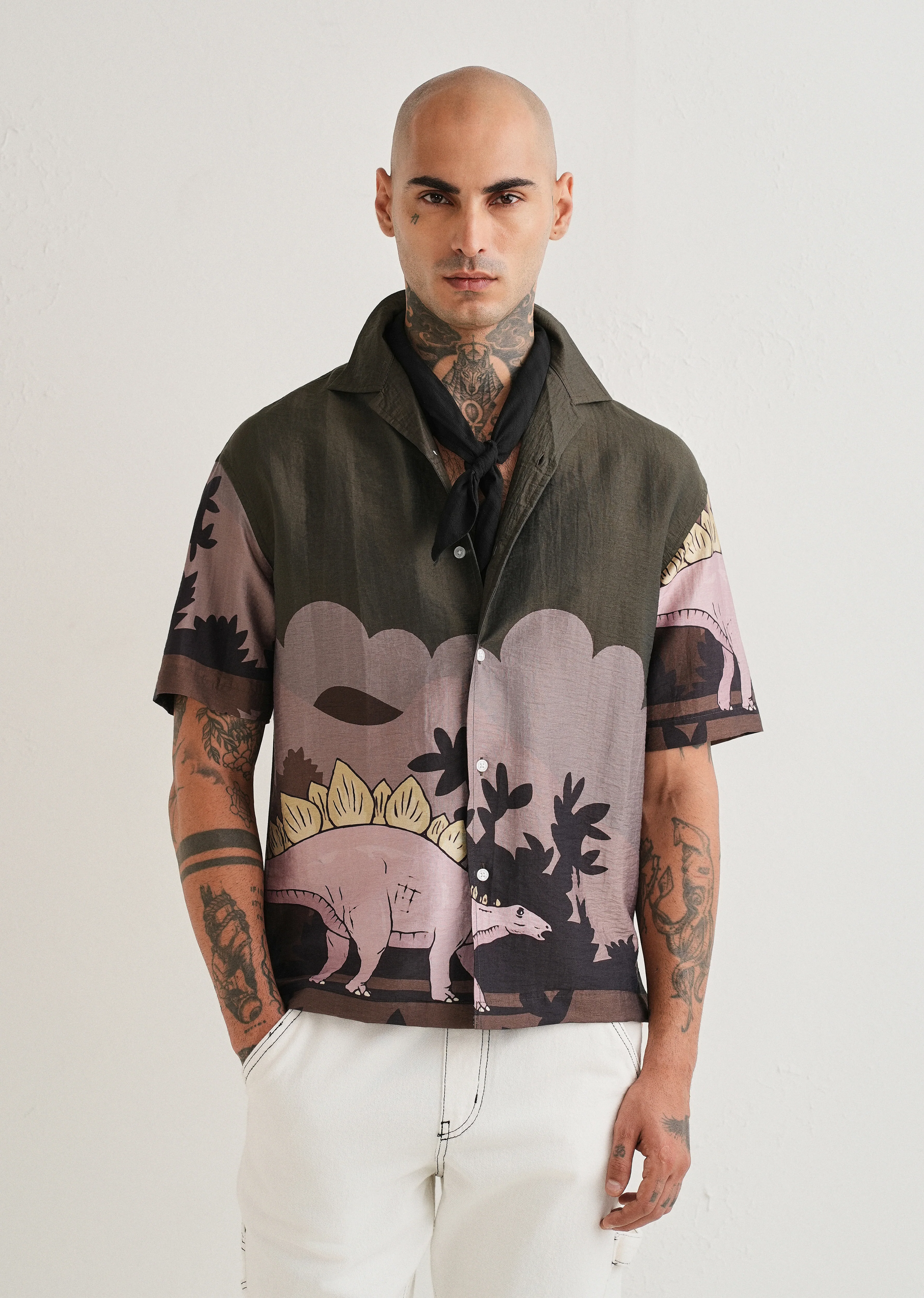 Olive Dino Placement Print Shirt - Image 2