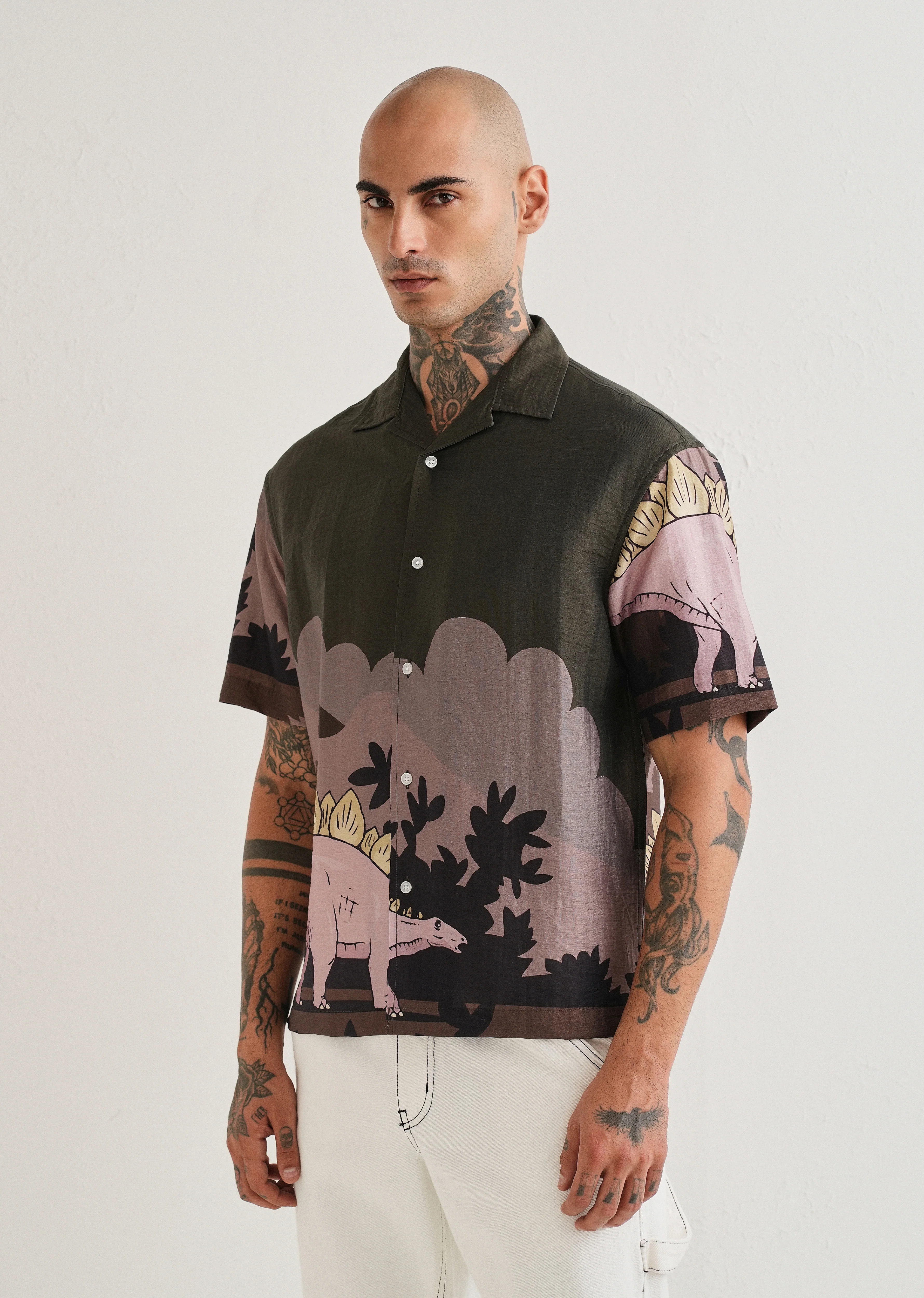 Olive Dino Placement Print Shirt - Image 6