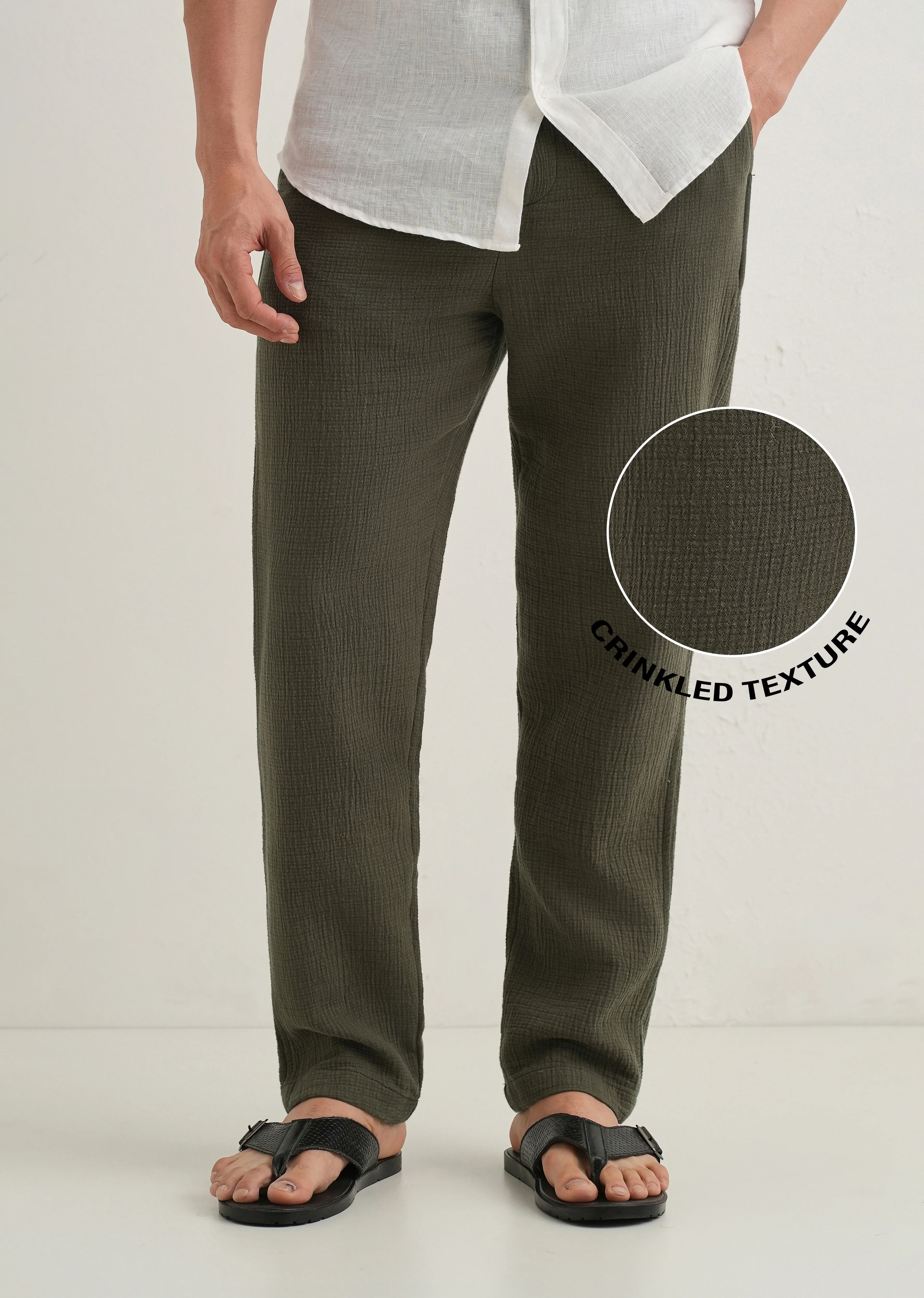 Olive Green Crinkled Cotton Trouser - Image 2