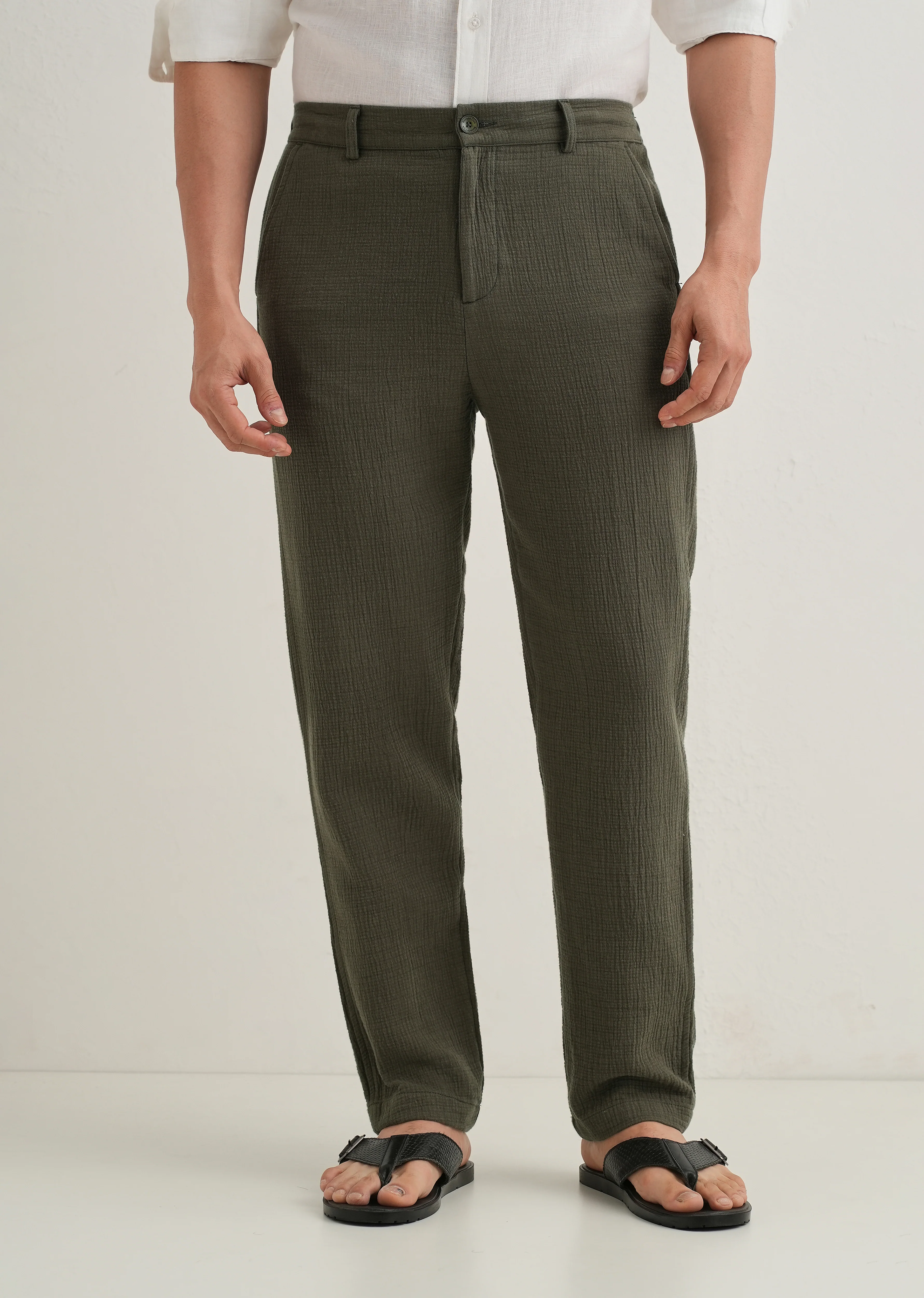 Olive Green Crinkled Cotton Trouser - Image 4