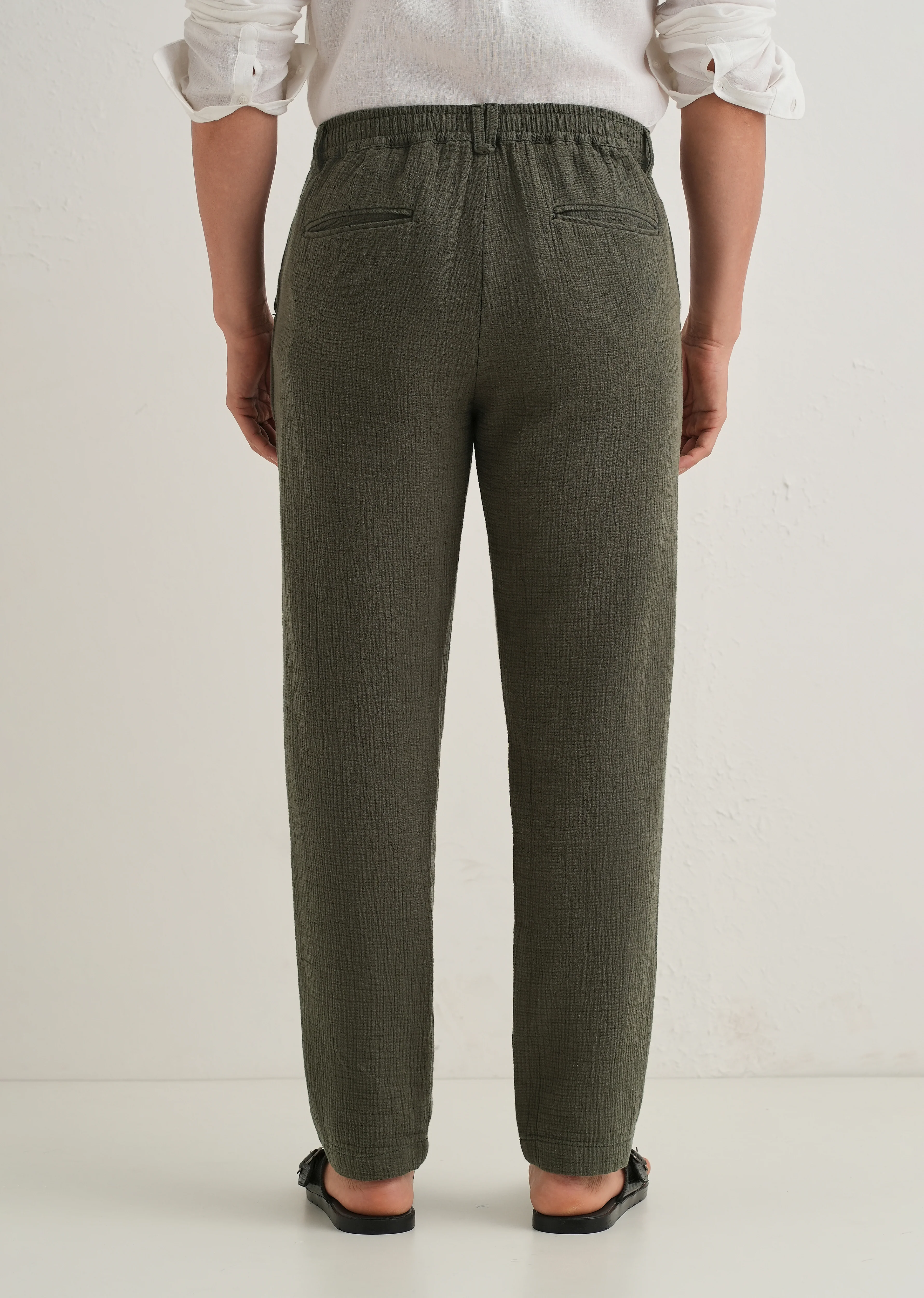 Olive Green Crinkled Cotton Trouser - Image 5