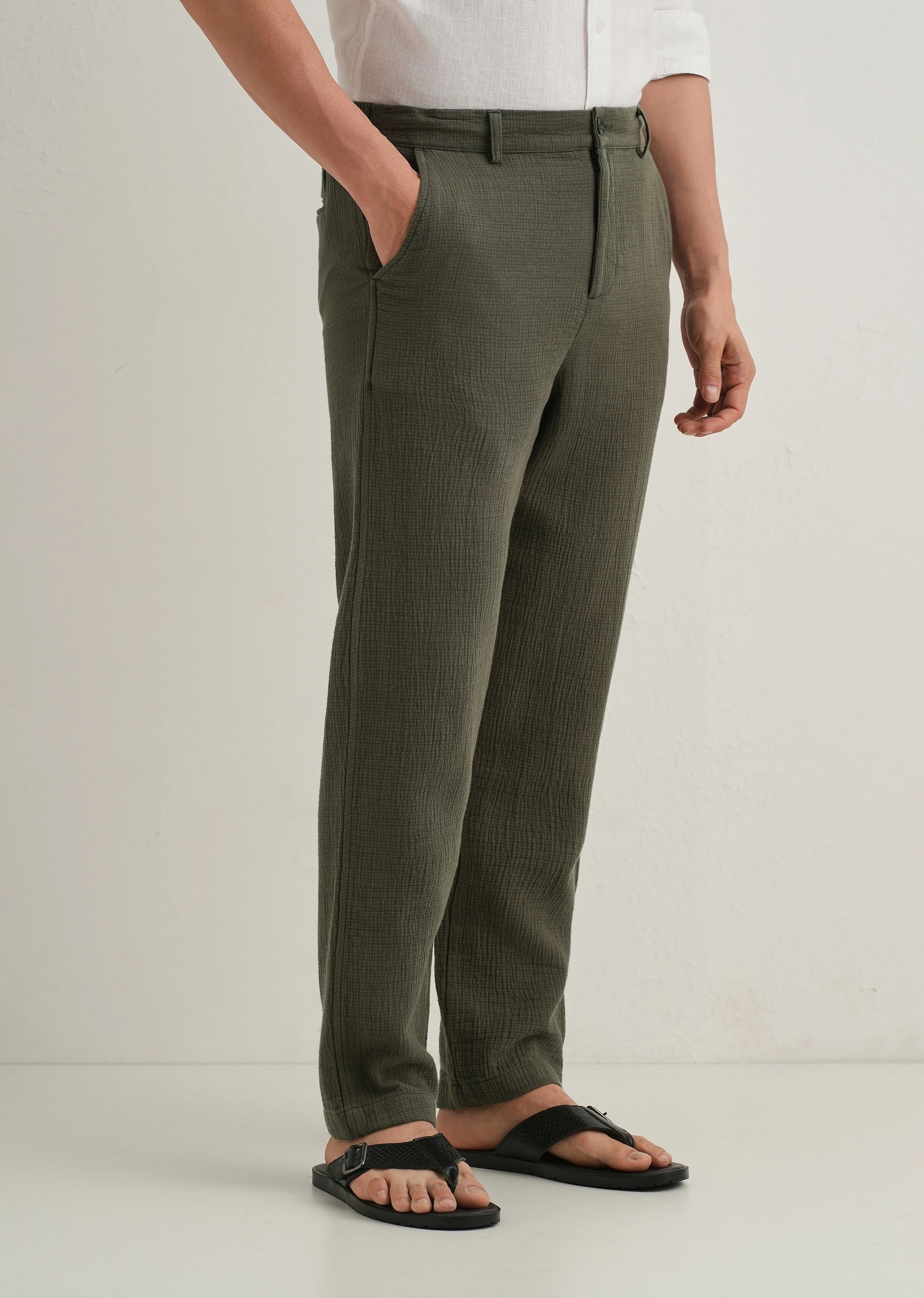 Olive Green Crinkled Cotton Trouser - Image 6