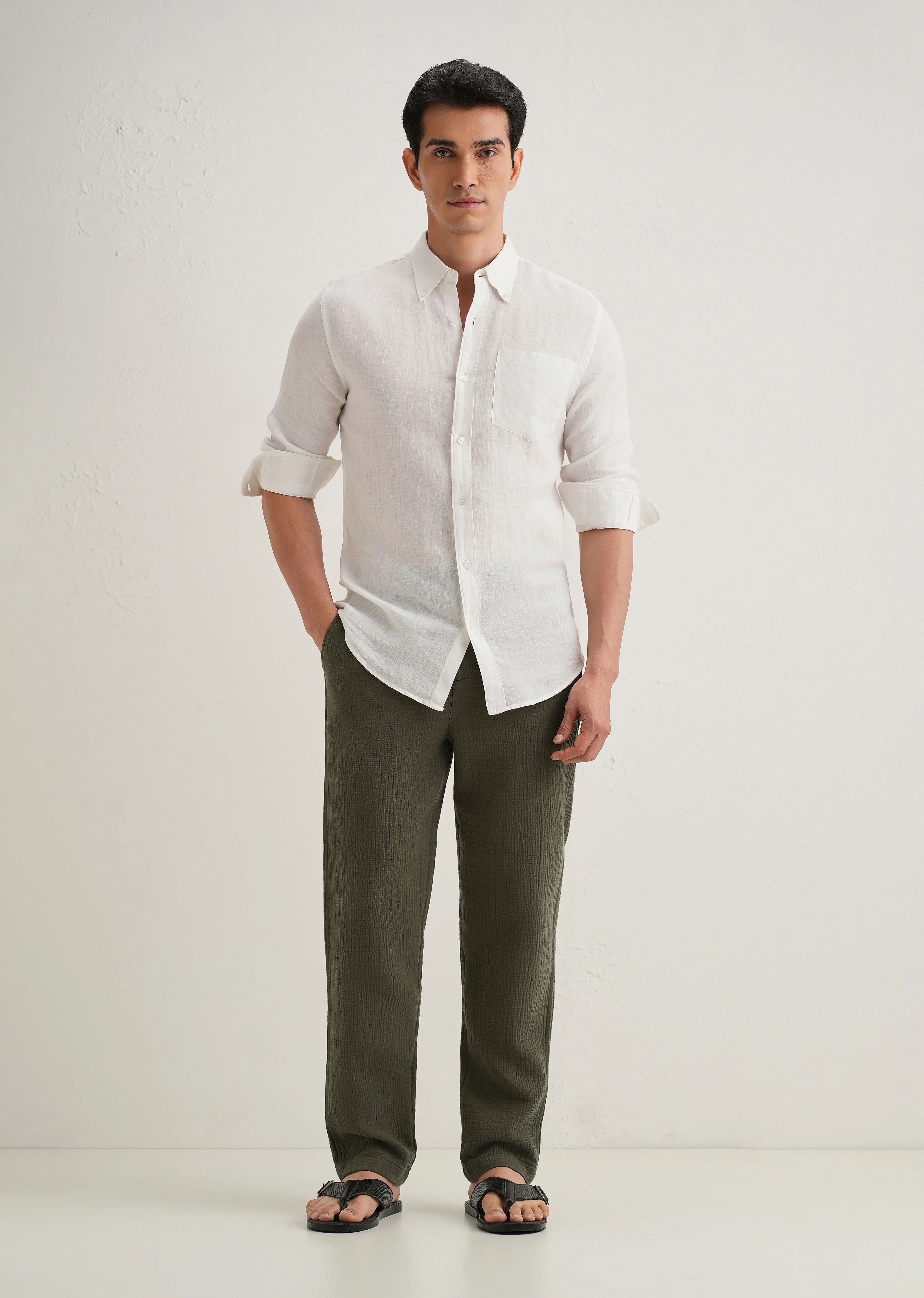 Olive Green Crinkled Cotton Trouser - Image 7