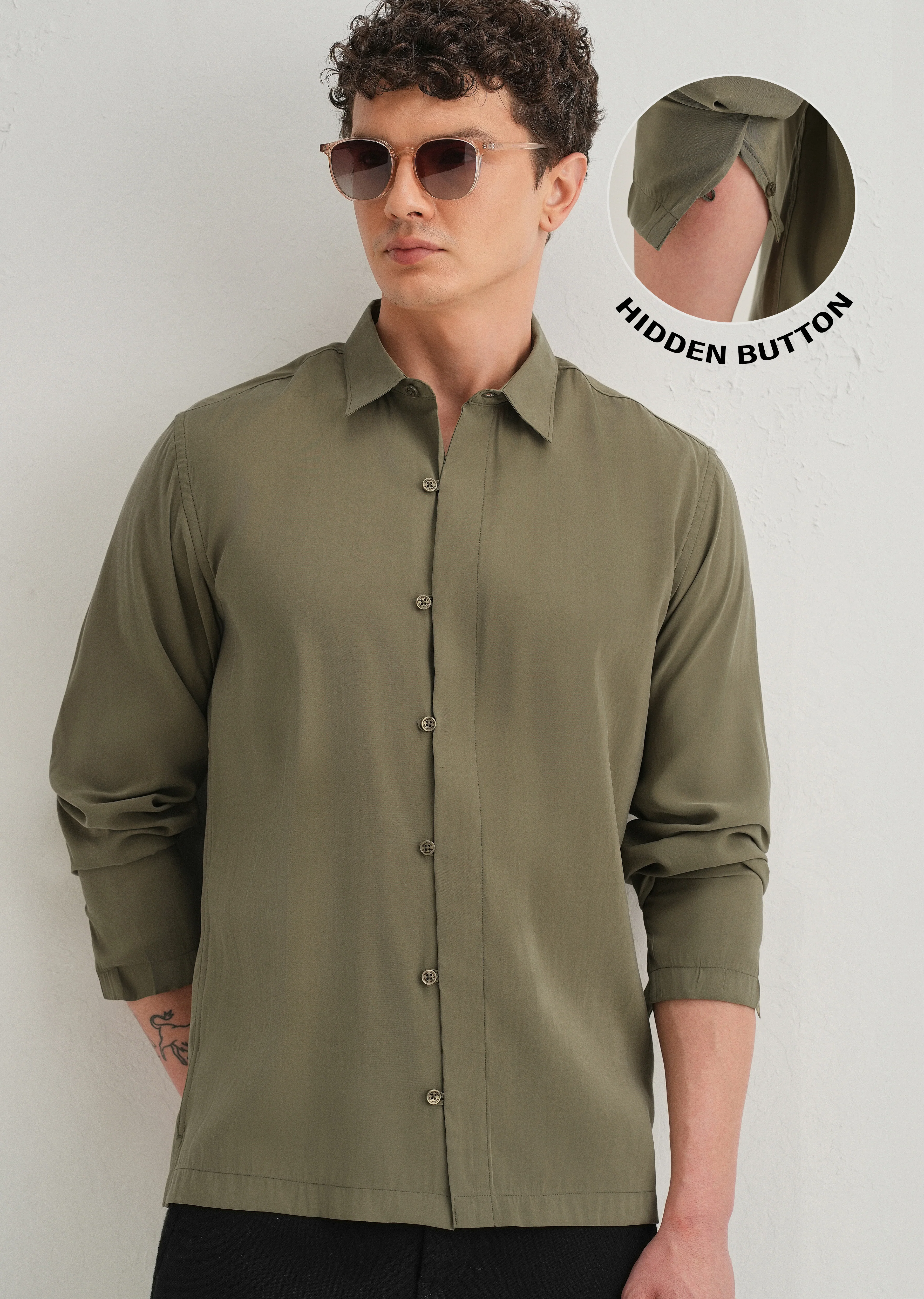 Olive Green Loop Button-Down Plain Shirt