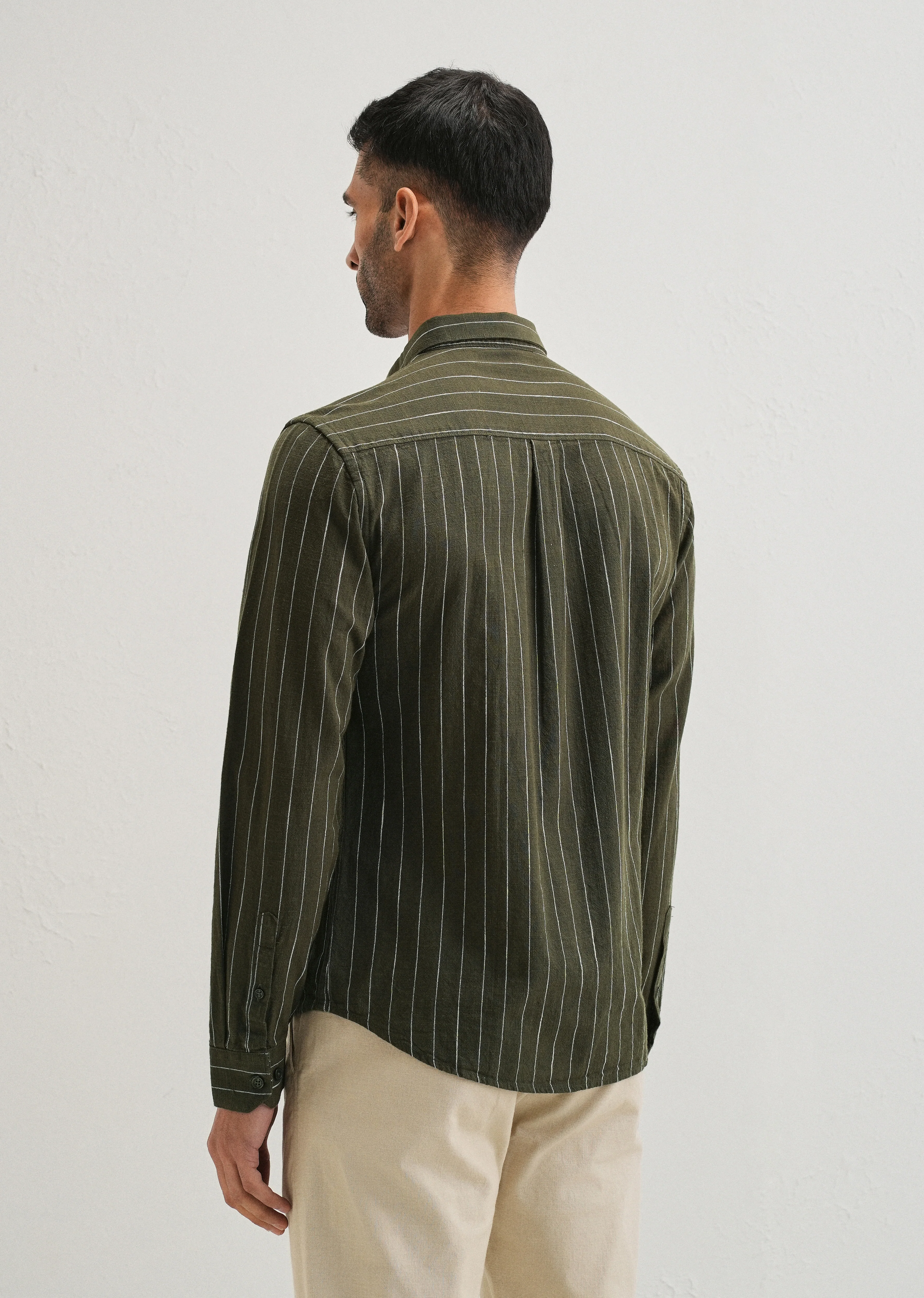 Olive Green Striped Cotton Linen Shirt - Image 2