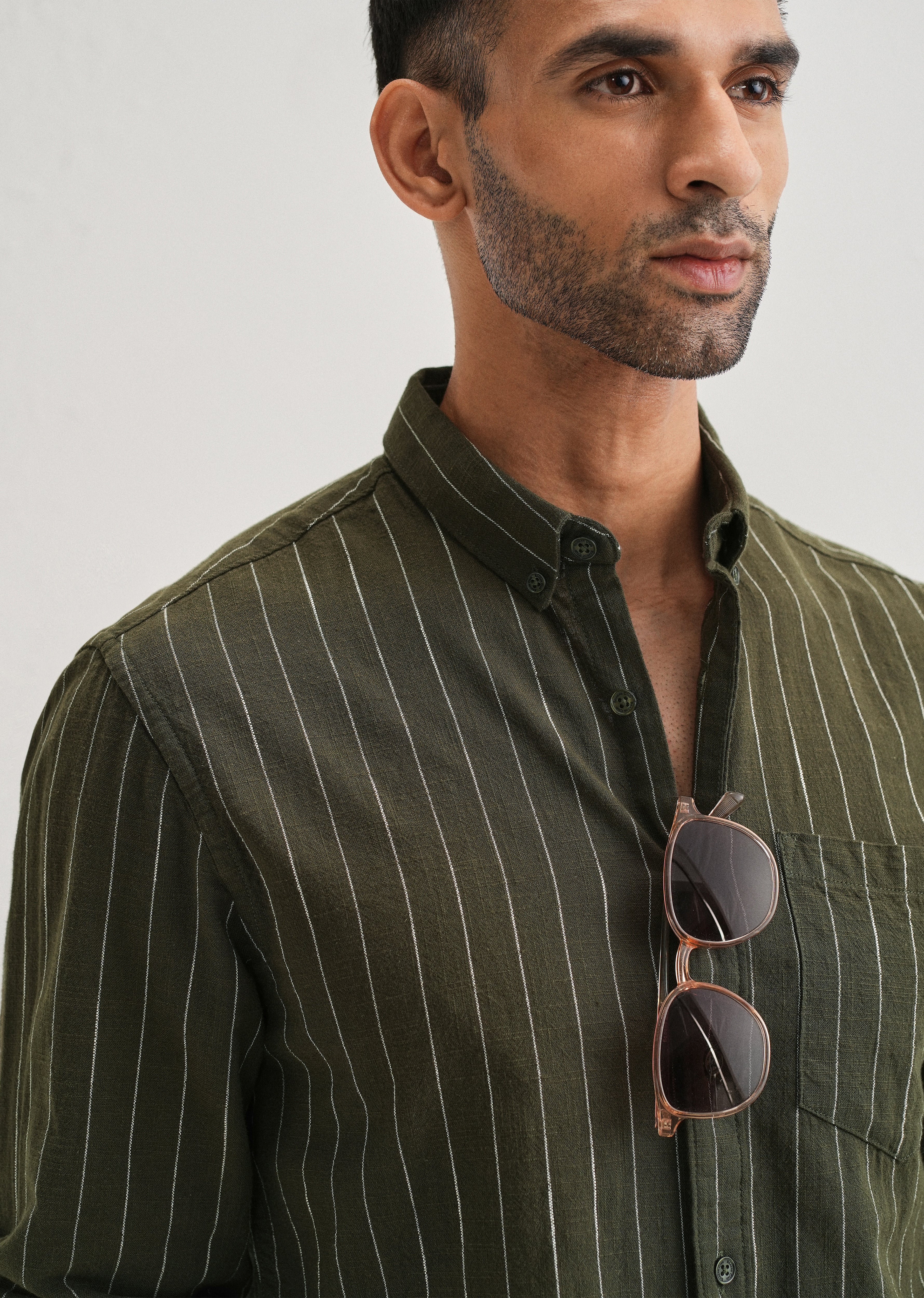 Olive Green Striped Cotton Linen Shirt - Image 5