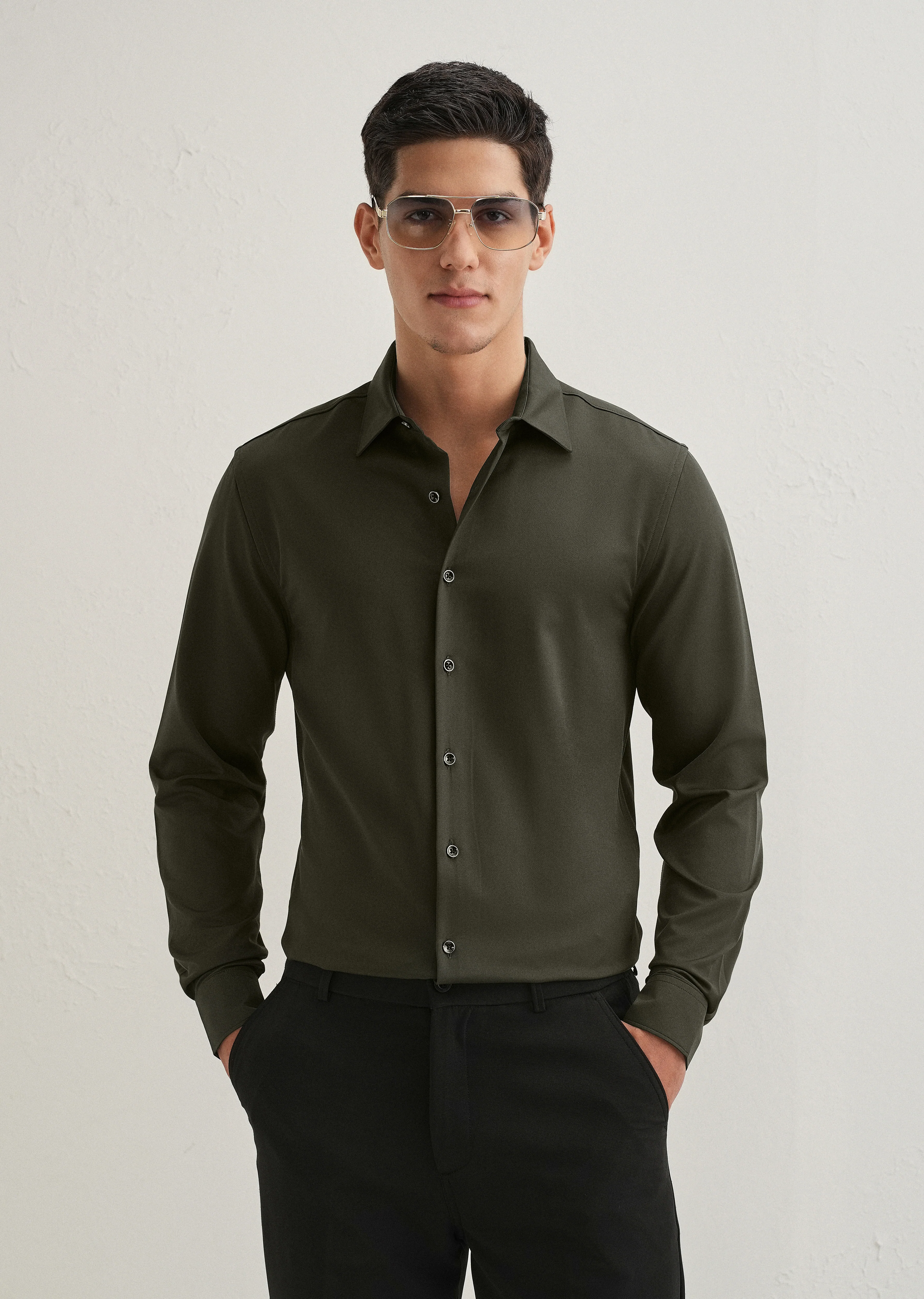 Olive Green Wrinkle Free Plain Shirt