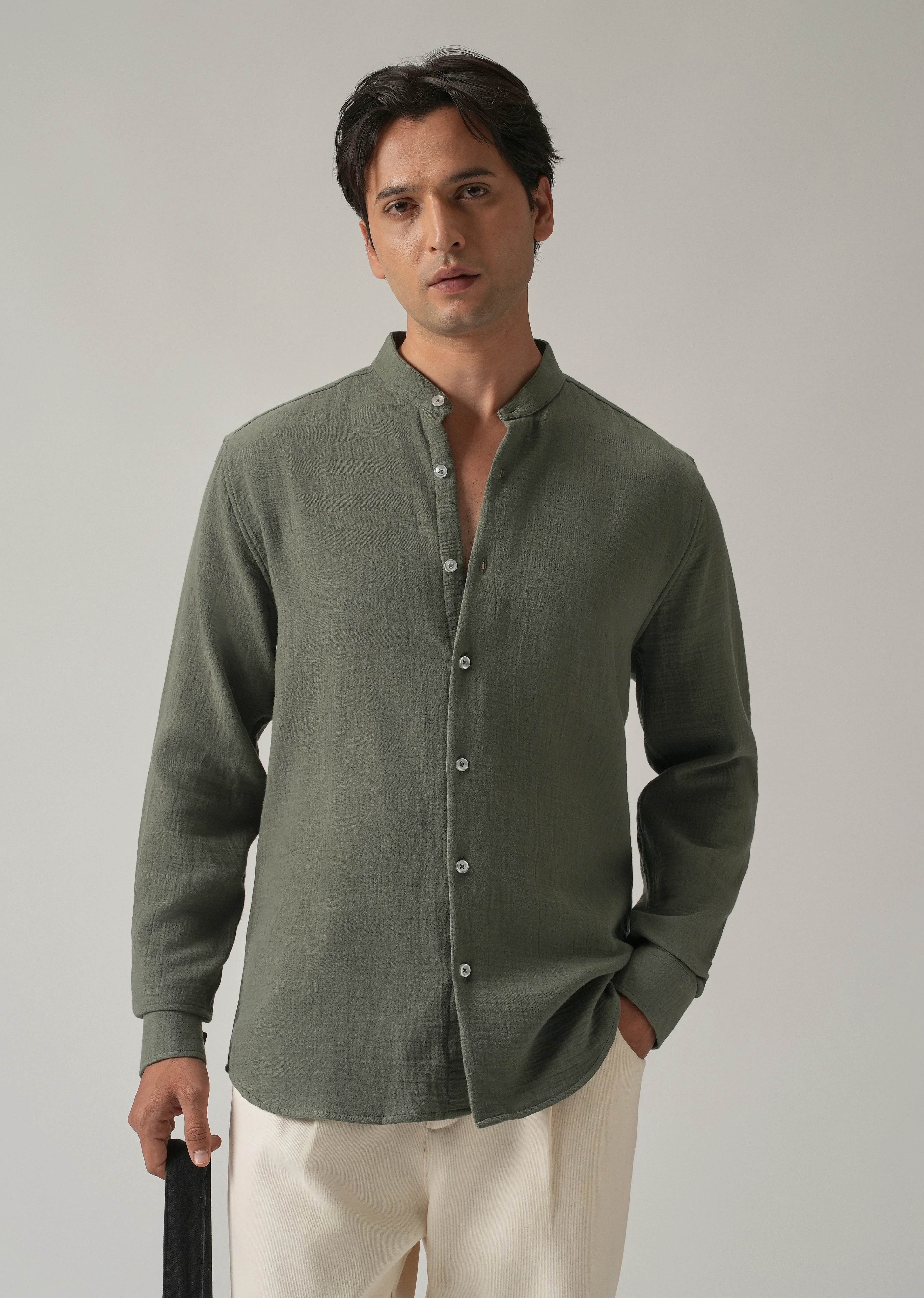 Olive Plain Mandarin Collar Cotton Shirt