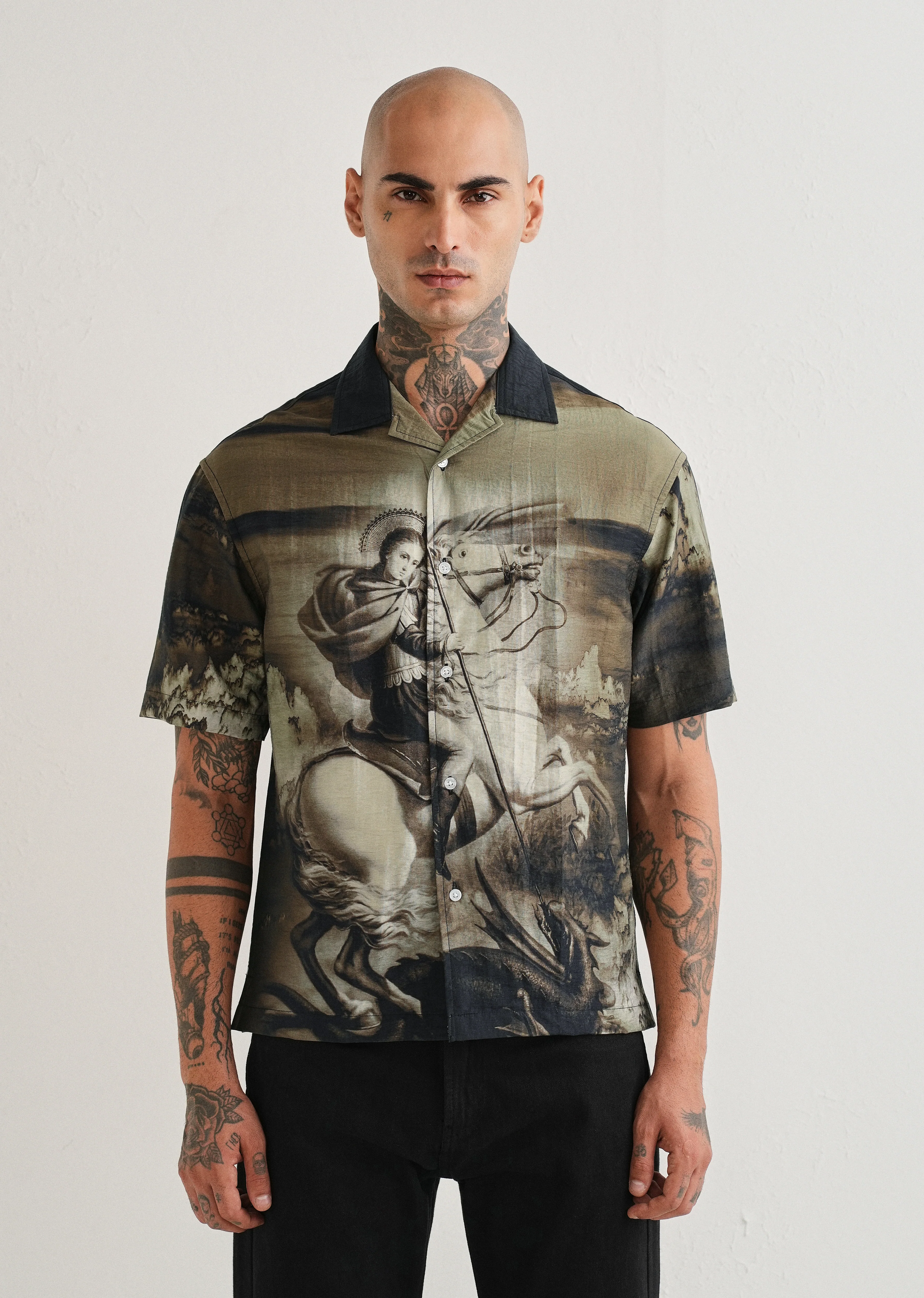 Olive Vintage Placement Print Shirt - Image 5