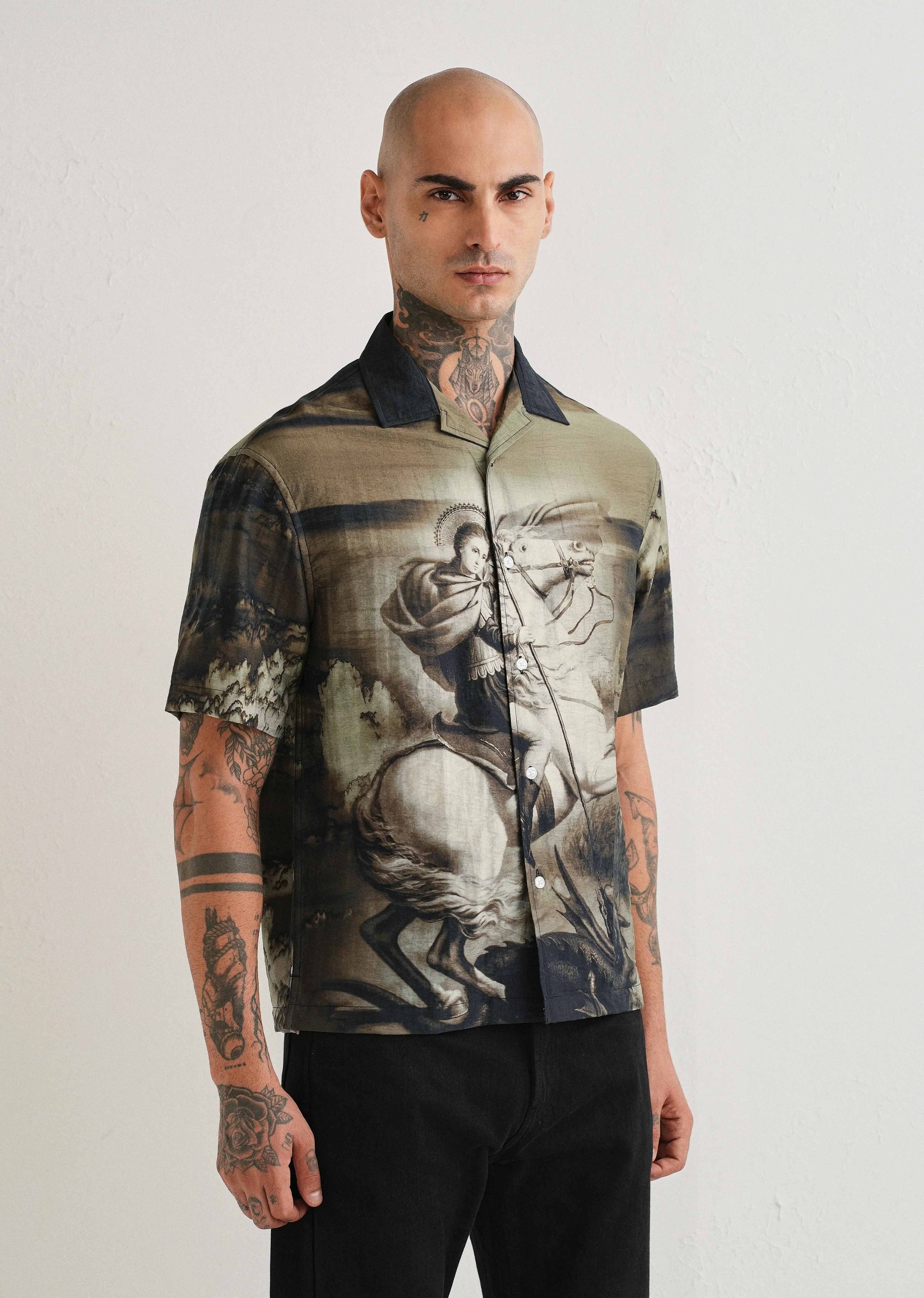 Olive Vintage Placement Print Shirt - Image 6