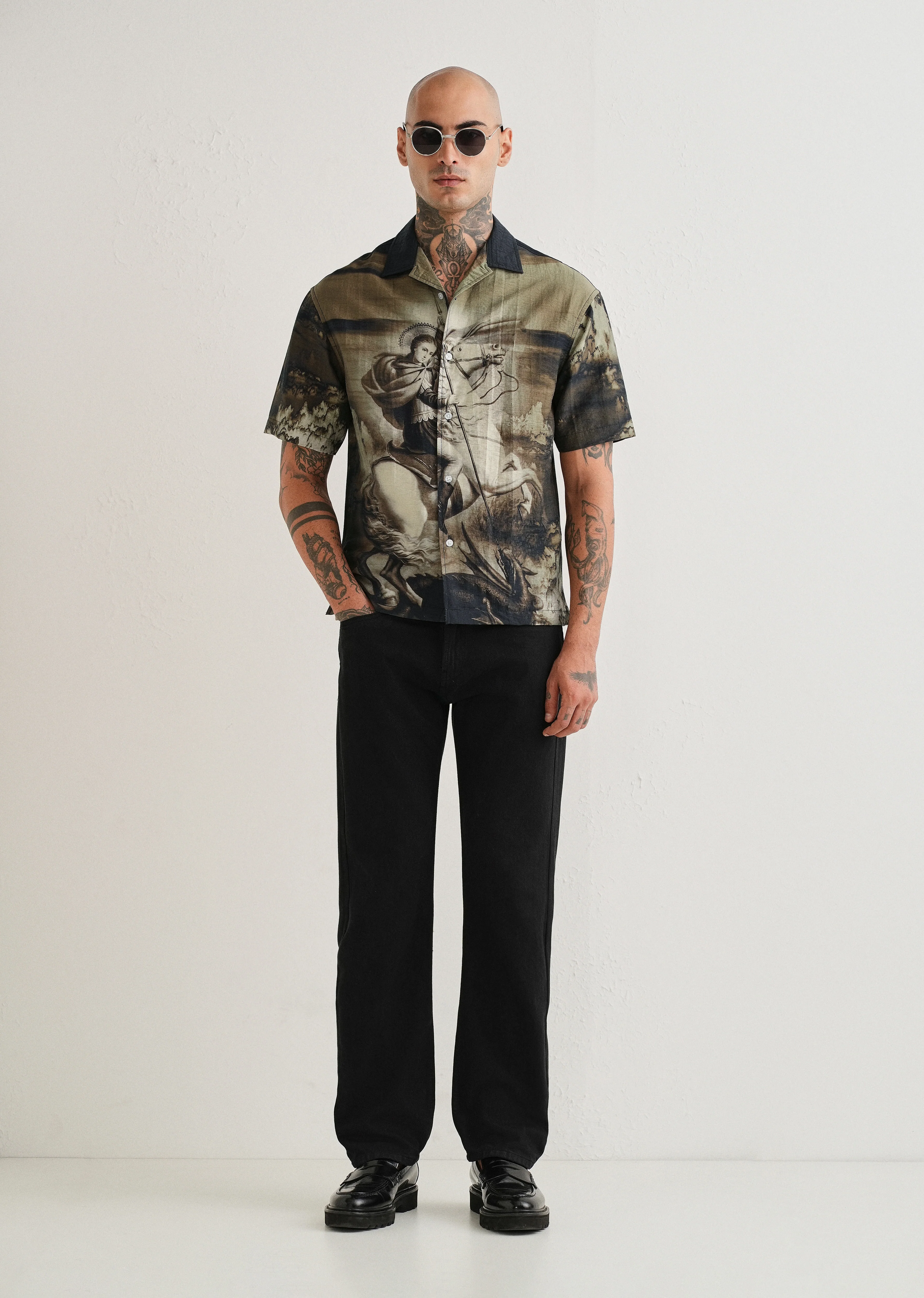 Olive Vintage Placement Print Shirt - Image 7