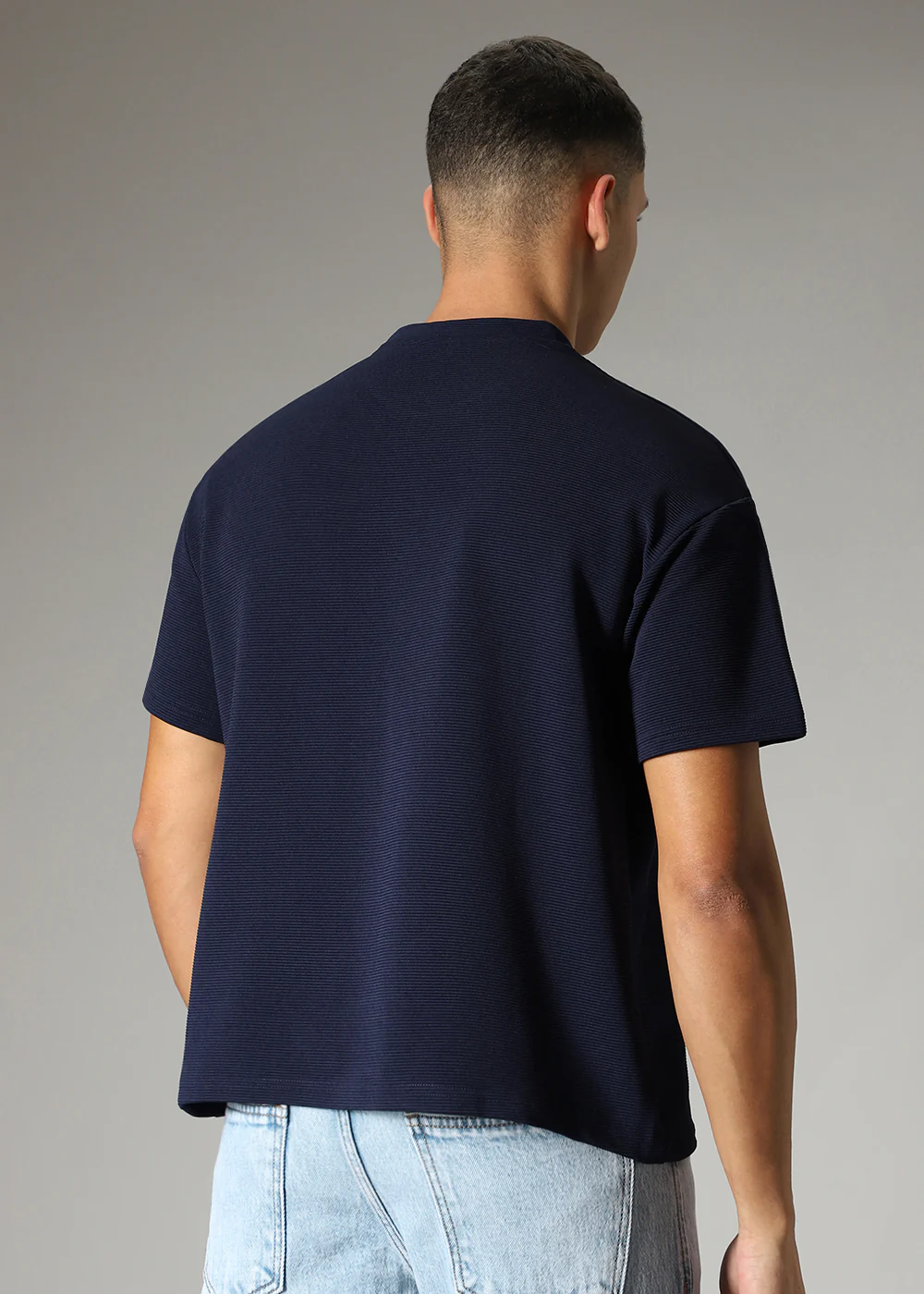 Oversized Navy Blue Plain Textured T-shirt - Image 3