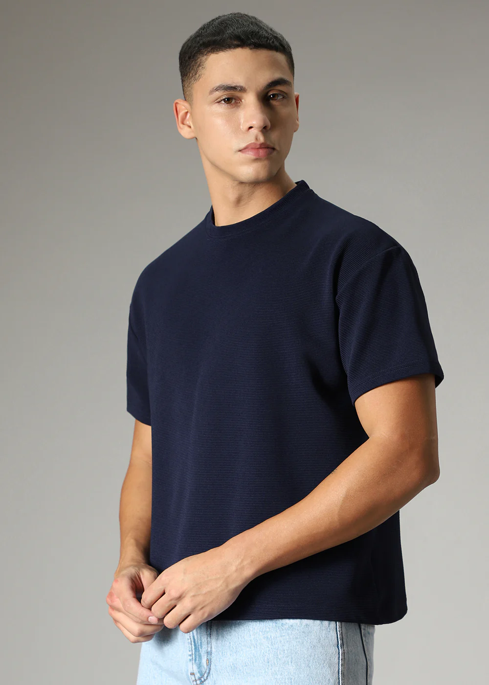 Oversized Navy Blue Plain Textured T-shirt - Image 4